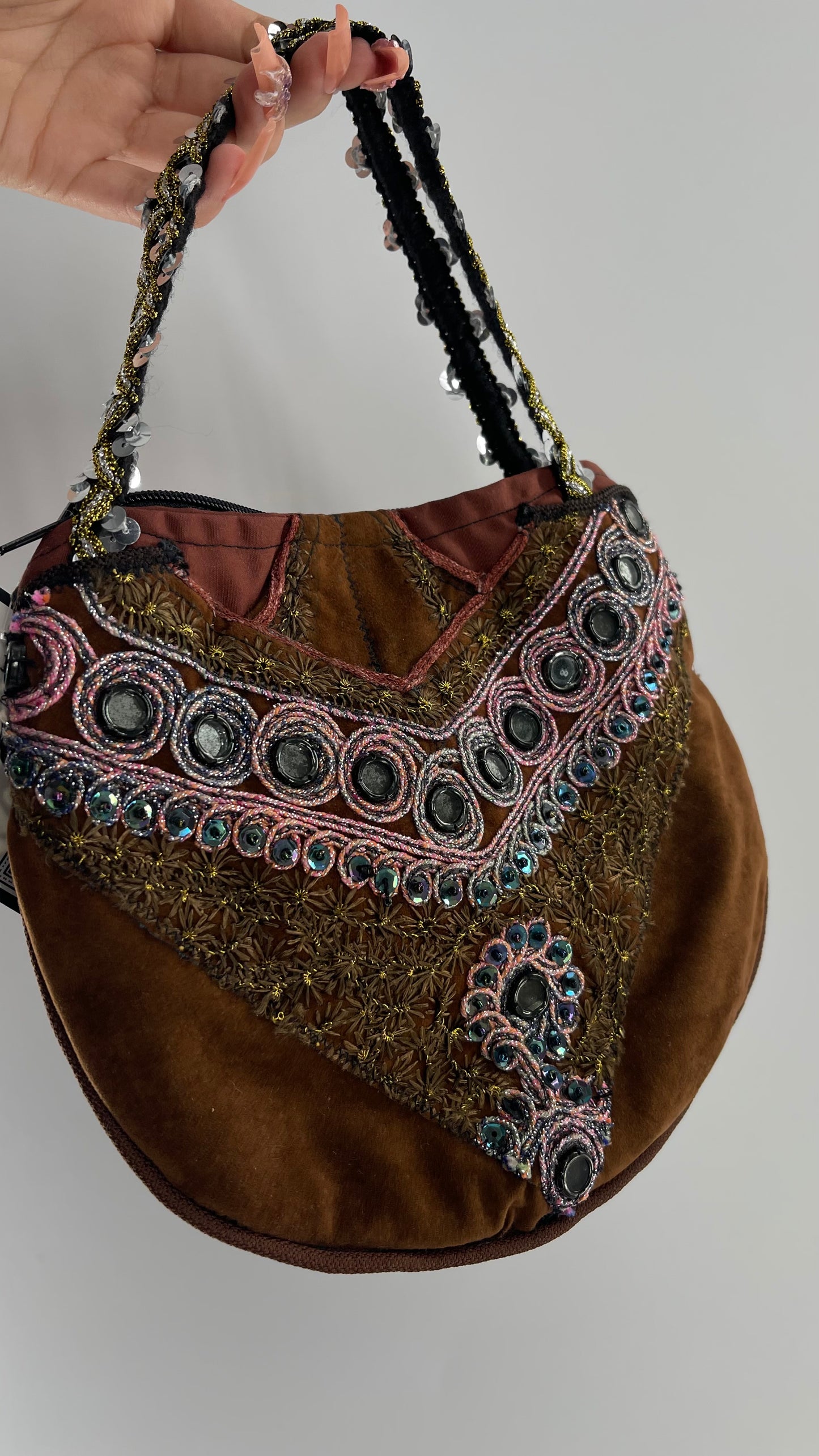 Vintage Brown Velvet Mini Bag with Embroidery, Mirrors and Appliqués