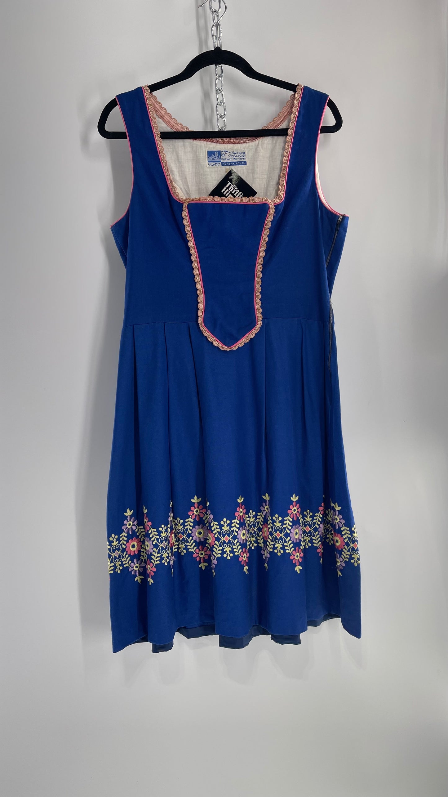 Vintage 1970s Spitzing Modell Wilhelm Picherer Hohenkirchen Traditional German Hand Embroidered Royal Blue Dress (M)
