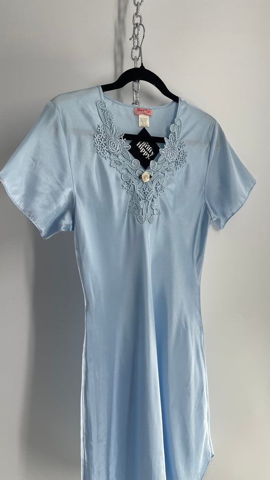 Vintage Bed of Roses Baby Blue Silky Dress with Lace Neckline (Medium)