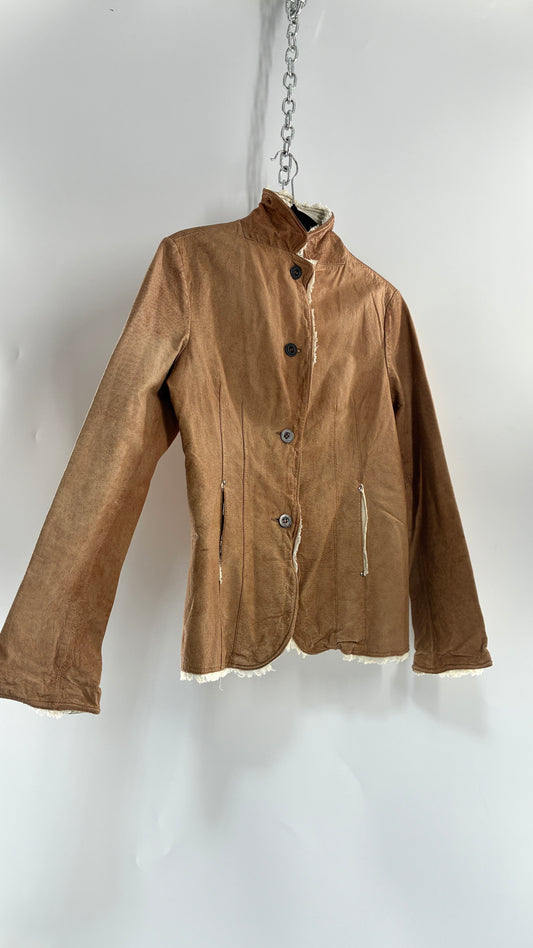 Vintage JAKETT Tan Leather Jacker with Cotton Raw Edge Trim+ Lining and buttoned Cuffs (Medium)