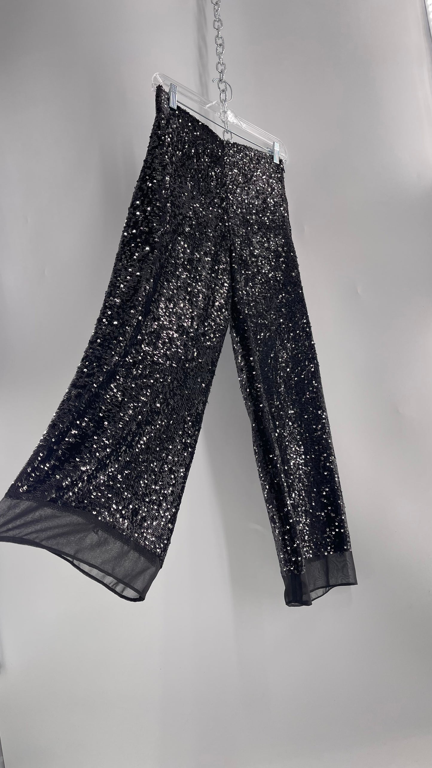 ZARA STUDIO Black Sequin Pijama Trouser with Chiffon Hem and Ribbon Lined Waist (Medium)