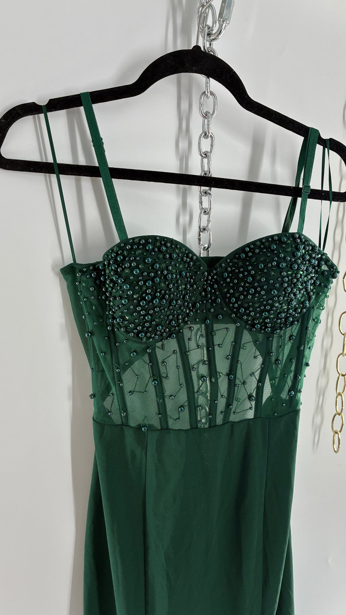 WINDSOR Green Backless Gown with Beaded Corset, Thigh Slit, and Tags Attached (Large)