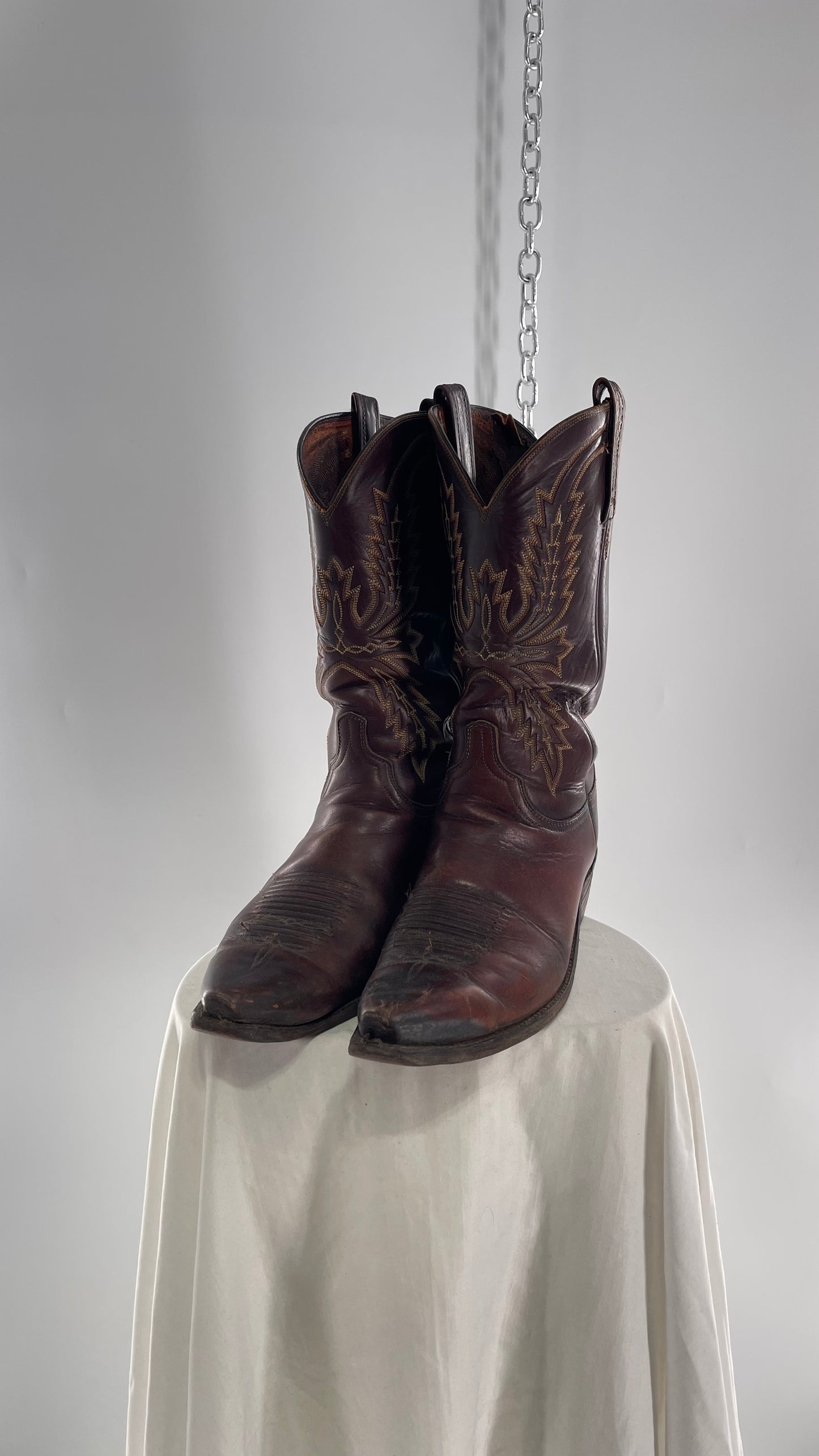 Vintage Men’s 1883 Luchesse Lived In Brown Cognac Leather Pointed Toe Cowboy Boots with Embroidery (12)