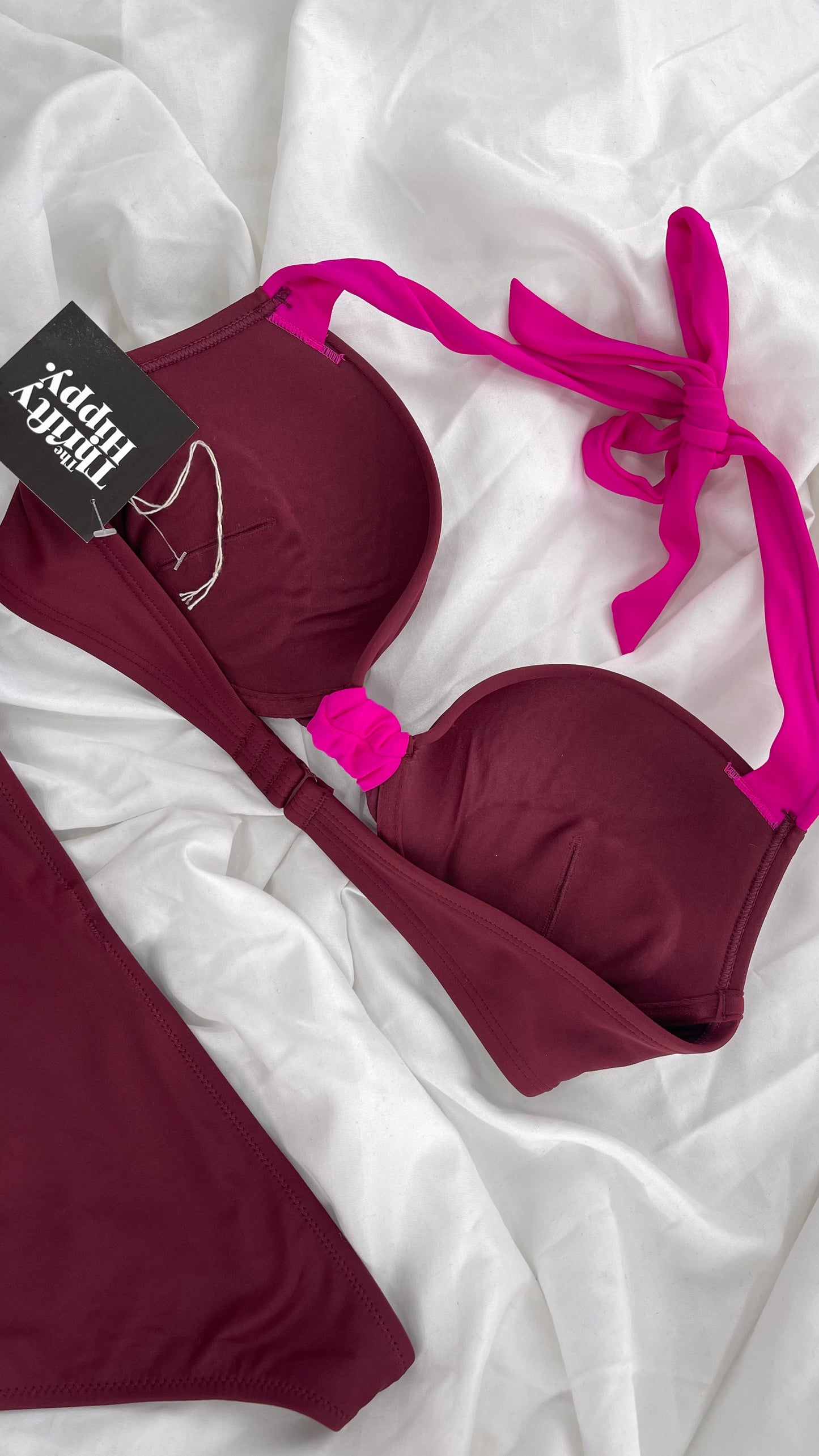 AERIE Burgundy Padded Underwire Swim Top Set with Fuchsia Details (36C/L Bottoms)