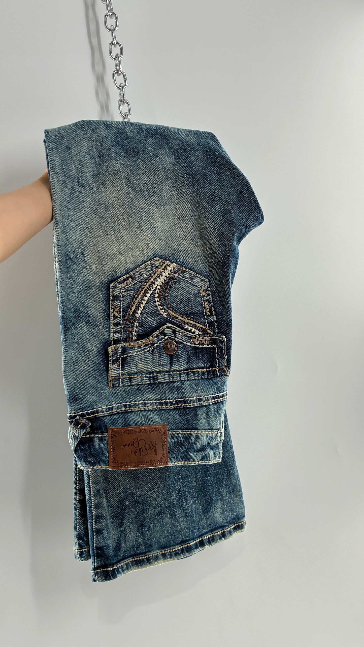 Vintage ARIYA JEANS Acid Washed Kick Flares with Embroidered Pockets (15/16)