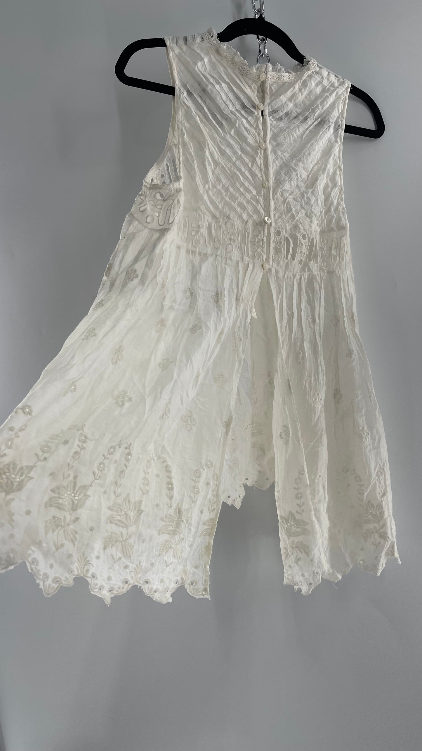 Free People White Cotton Eyelet Embroidered Lace Tank with Pleating, Buttoned and Slit Back (Small)