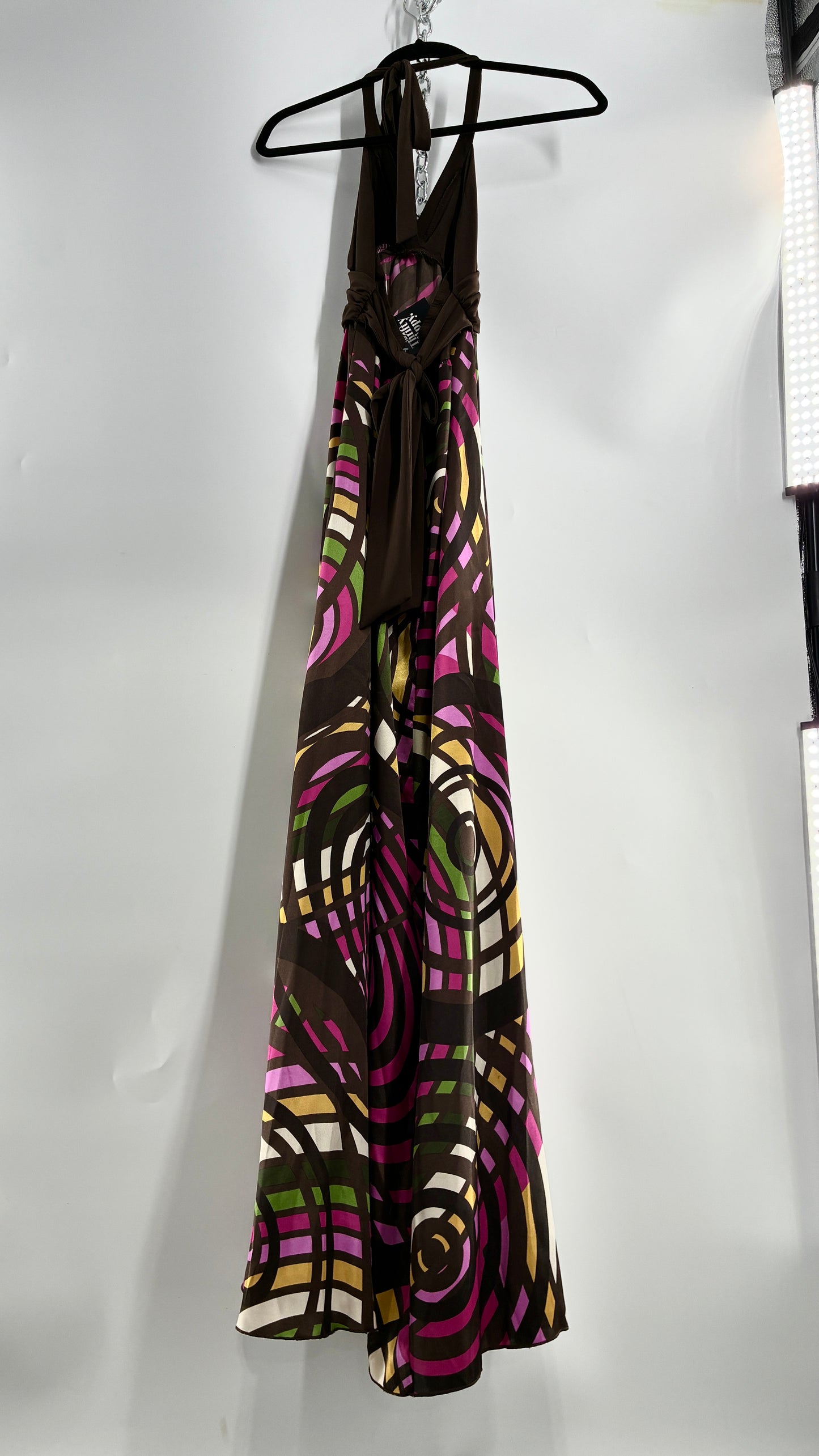 Vintage Candies Brown Patterned Gown with Belted Bust and Halter Neckline (Medium)