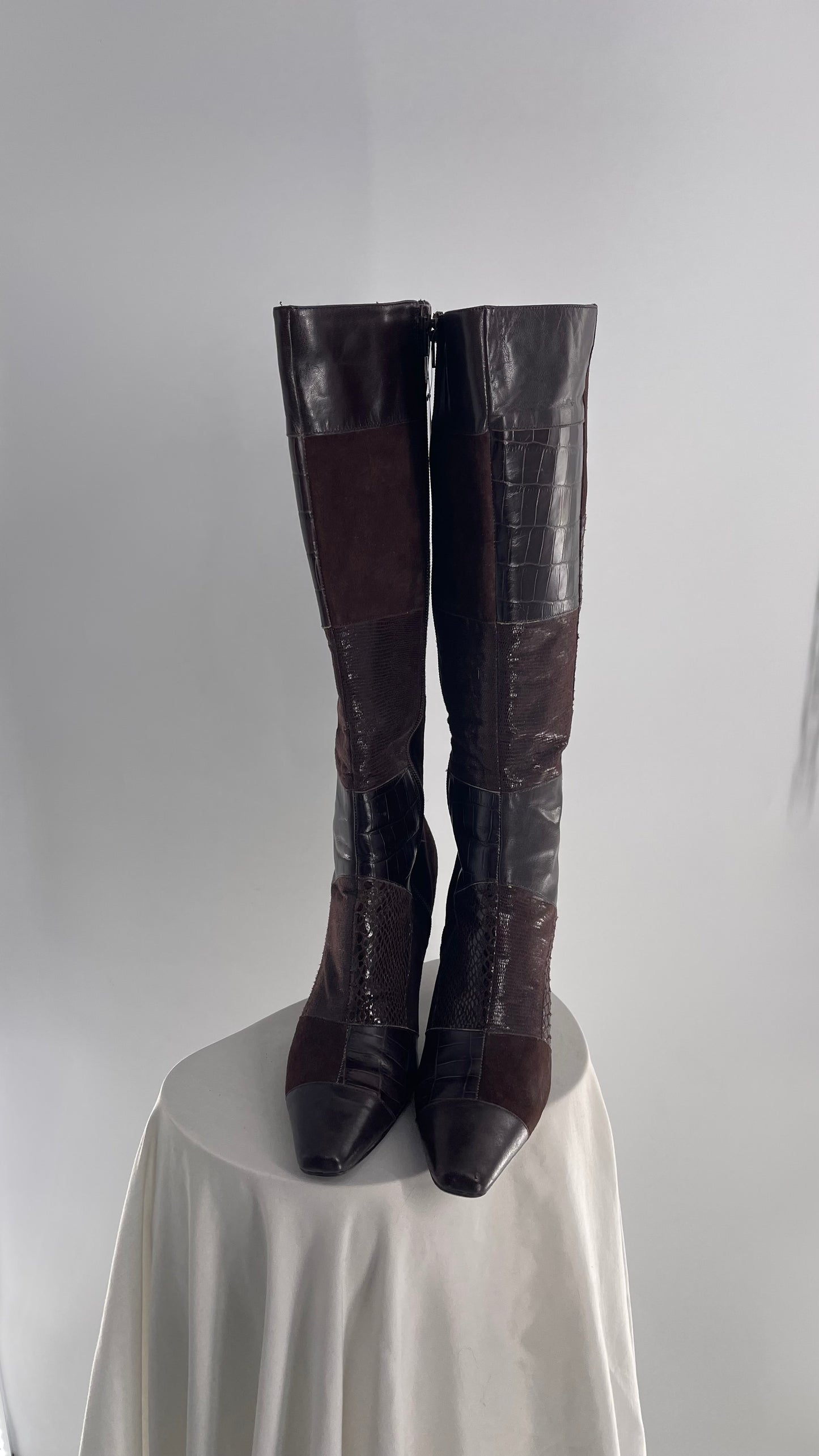 Vintage Bandolino Pointed Toe Patchwork Leather Knee High Boots (10)