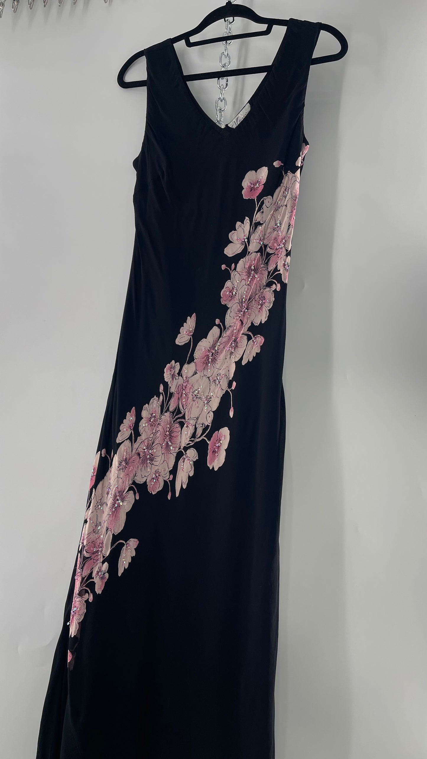 Vintage Dress Barn Black Slinky Maxi Dress with Pink Floral Graphic and Sequins (L)