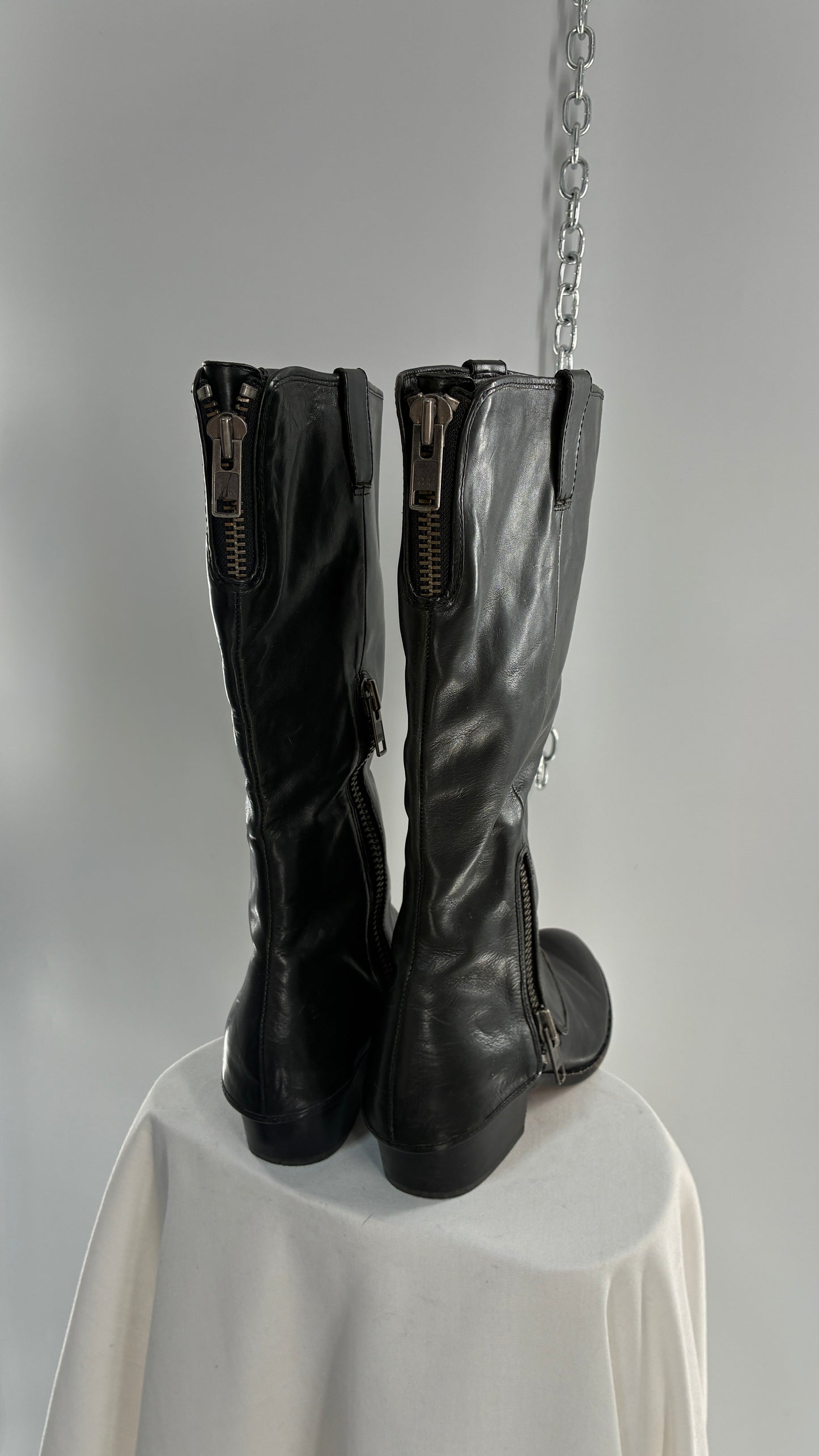 Vintage KORK EASE Black Genuine Leather Fold Over Boots with Heavy Metal Detailing (9/40.5)