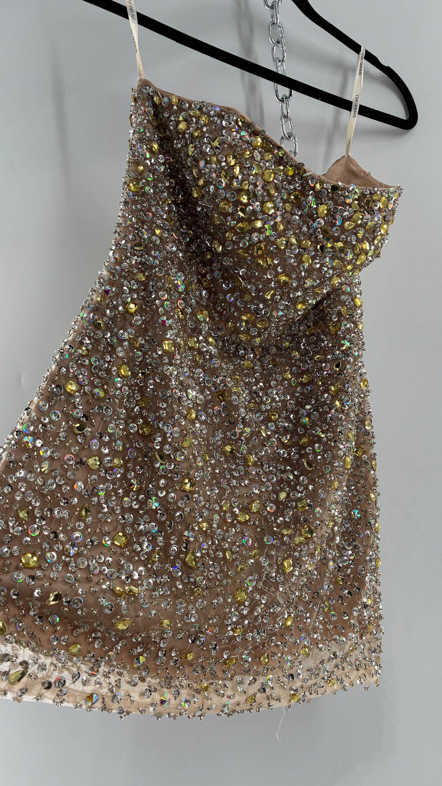 Vintage SHERRI HILL Nude Tan Underlay Mini Dress, Full Bedazzled and Covered in Beads  (6)