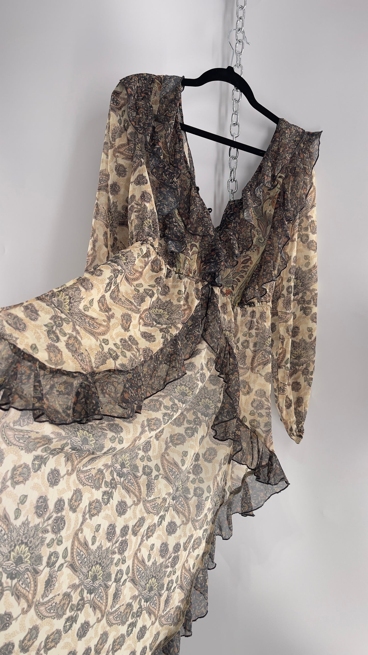 Free People Let Me Be Paisley Dual Toned High Low Sweeping Cape with Ruffled Bust and Hemline with Tags Attached (Small)