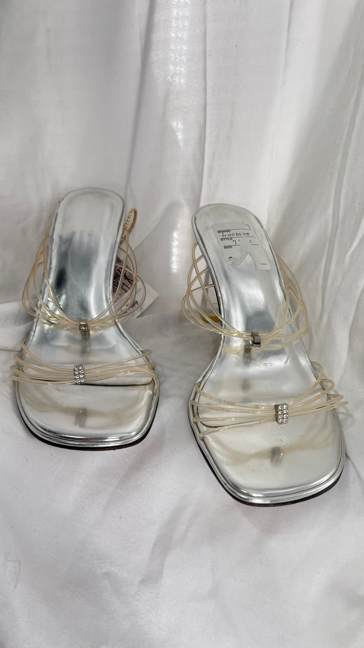 Vintage Valerie Steven’s Silver Kitten Heel with Translucent Straps, Lucite Heel and Rhinestone Detailing (7.5)