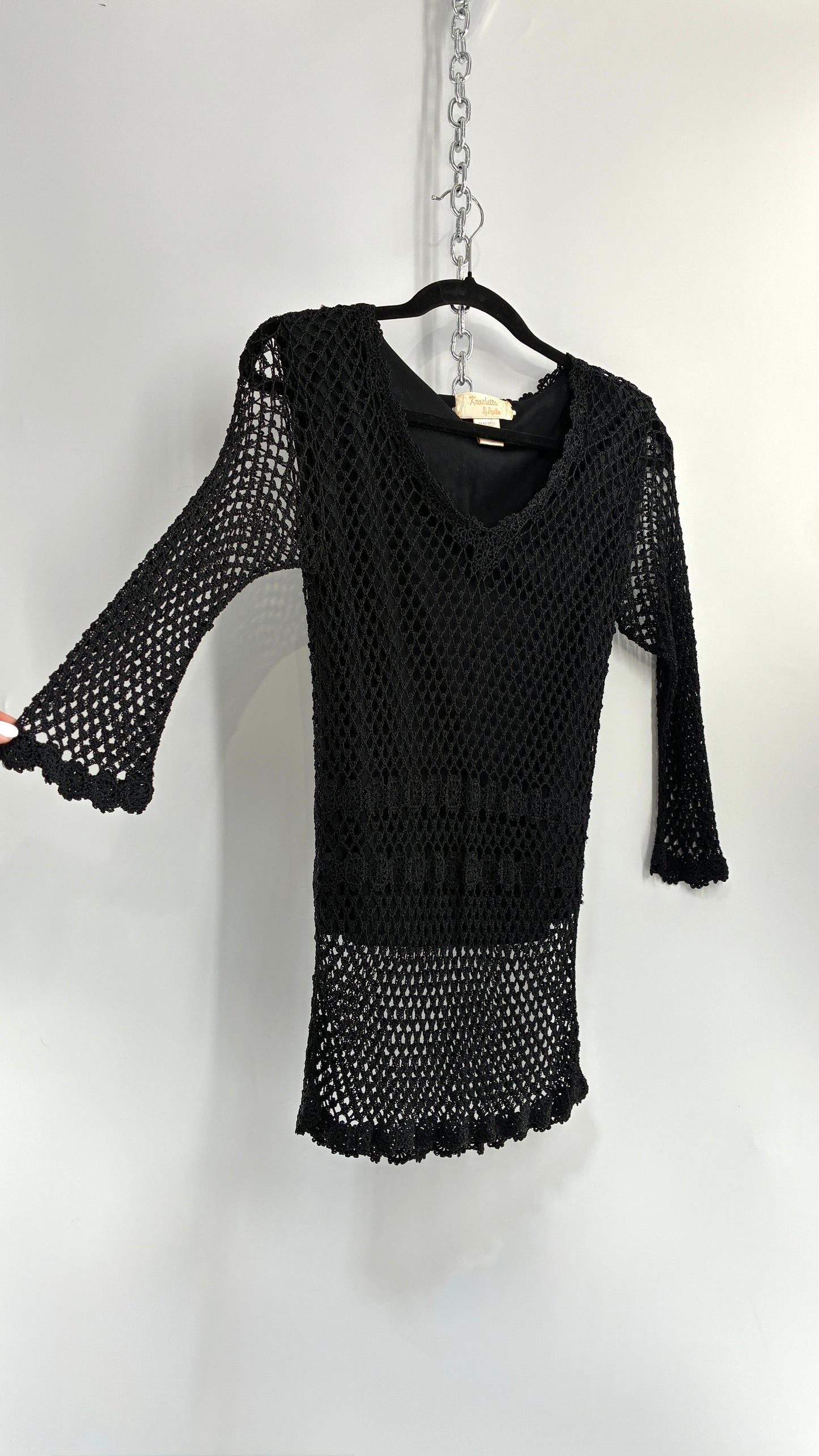 Vintage KROSHETTA by PAPILLON  Black Crochet Quarter Sleeve Blouse (Medium)