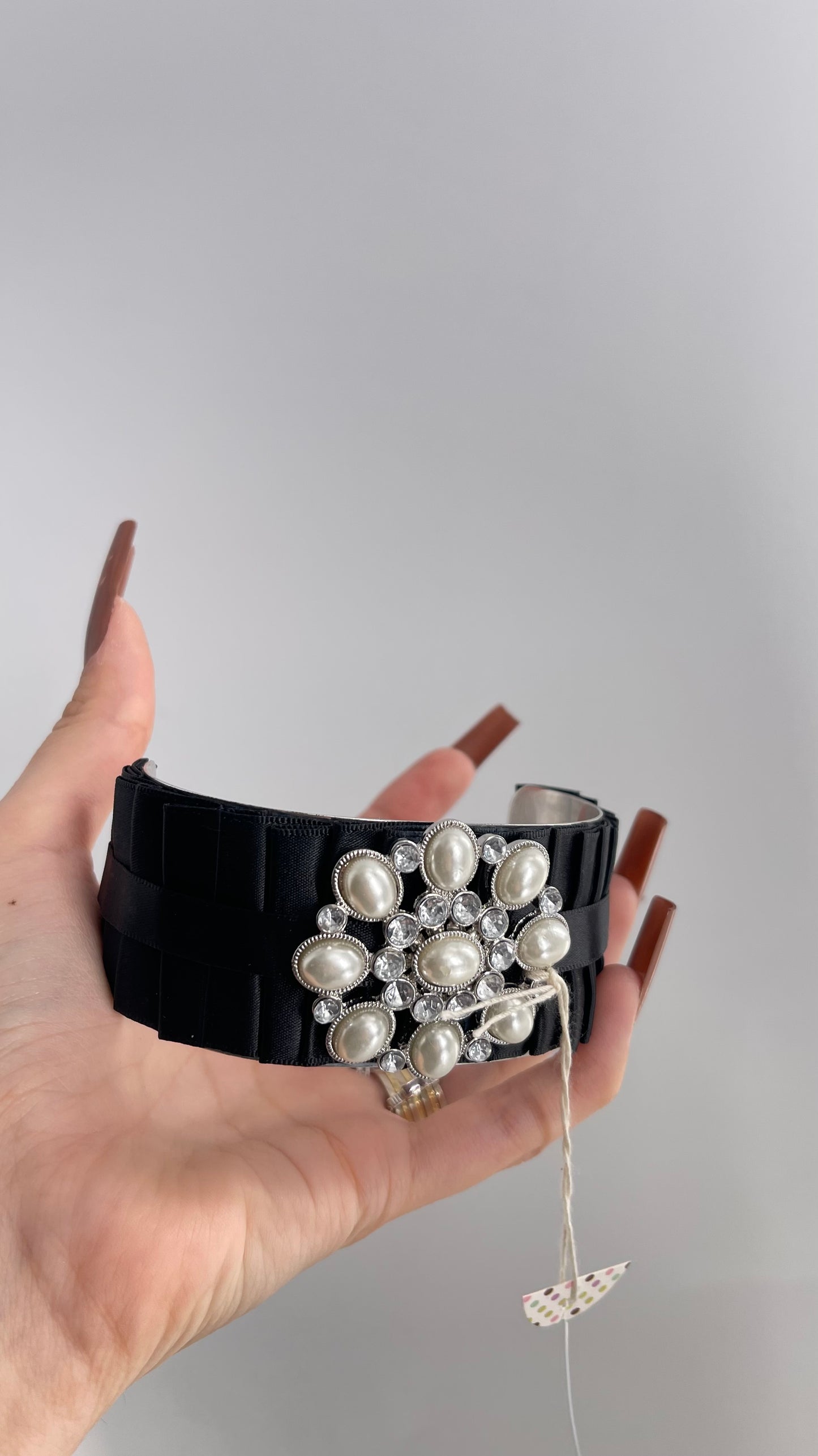 Vintage Black Pearl Ribbon Adjustable Bracelet, Arm Cuff
