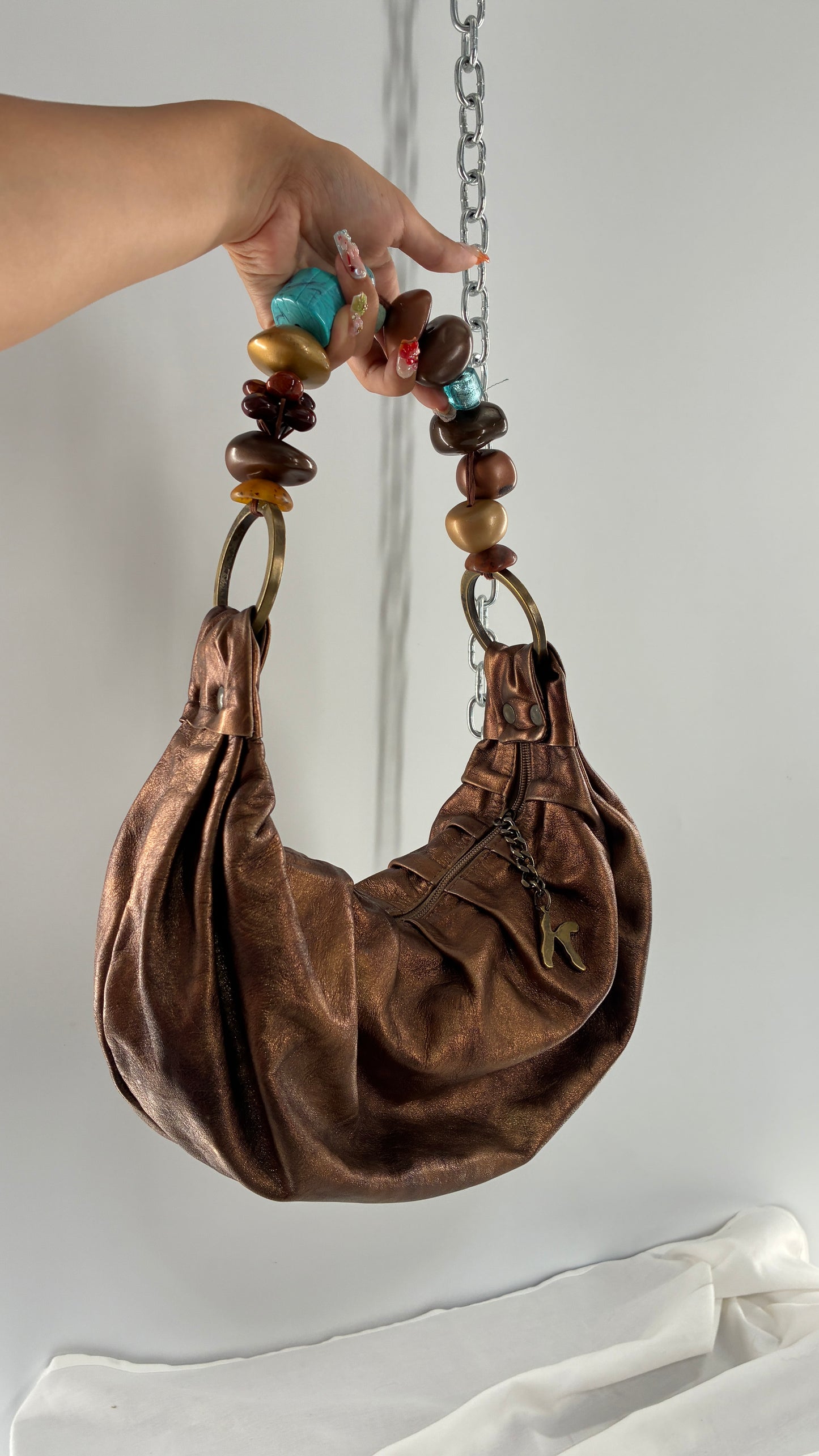 Vintage KARKABA  Metallic Bronze Leather Bag with Exaggerated Beaded Handles