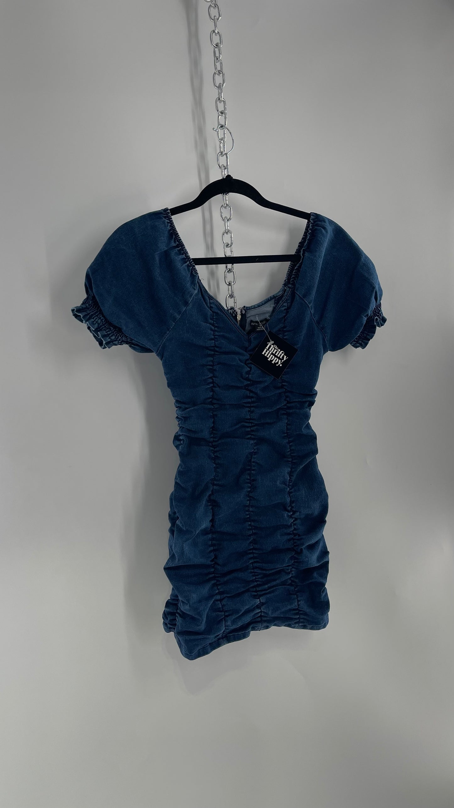 Vintage Medium Wash Denim Ruched Puff Sleeve Mini Dress (Small)