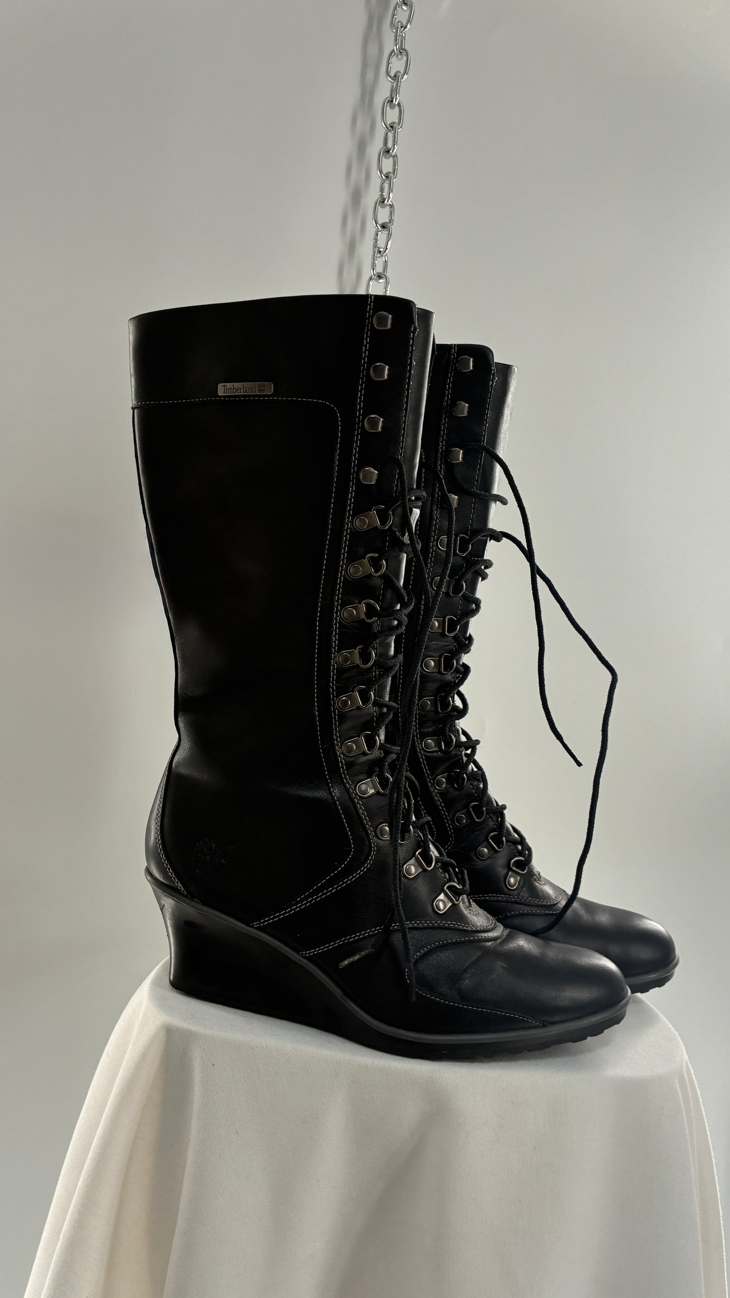 Vintage TIMBERLAND Black Genuine Leather Wedge Boots (10)