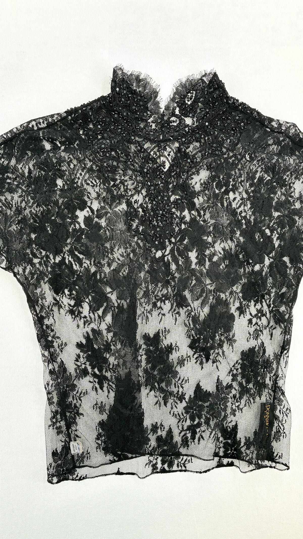 Vintage DONNA KARAN New York Ombré Floral Lace Mock Neck Beaded Blouse (6)