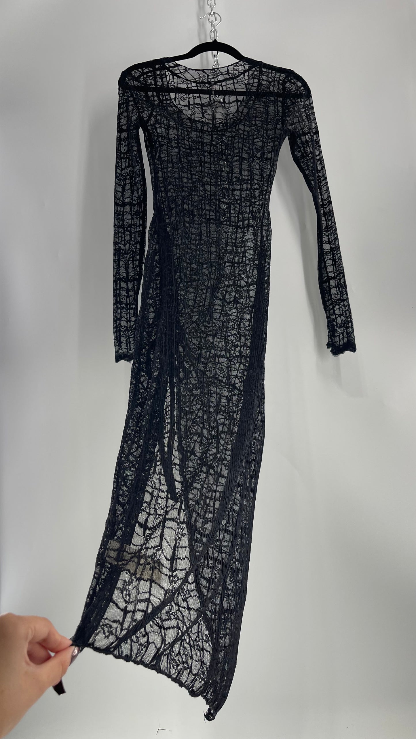 Free People Sabina Black Sheer Crimped Lace Long Sleeve Maxi with Ruched Slit (XS)