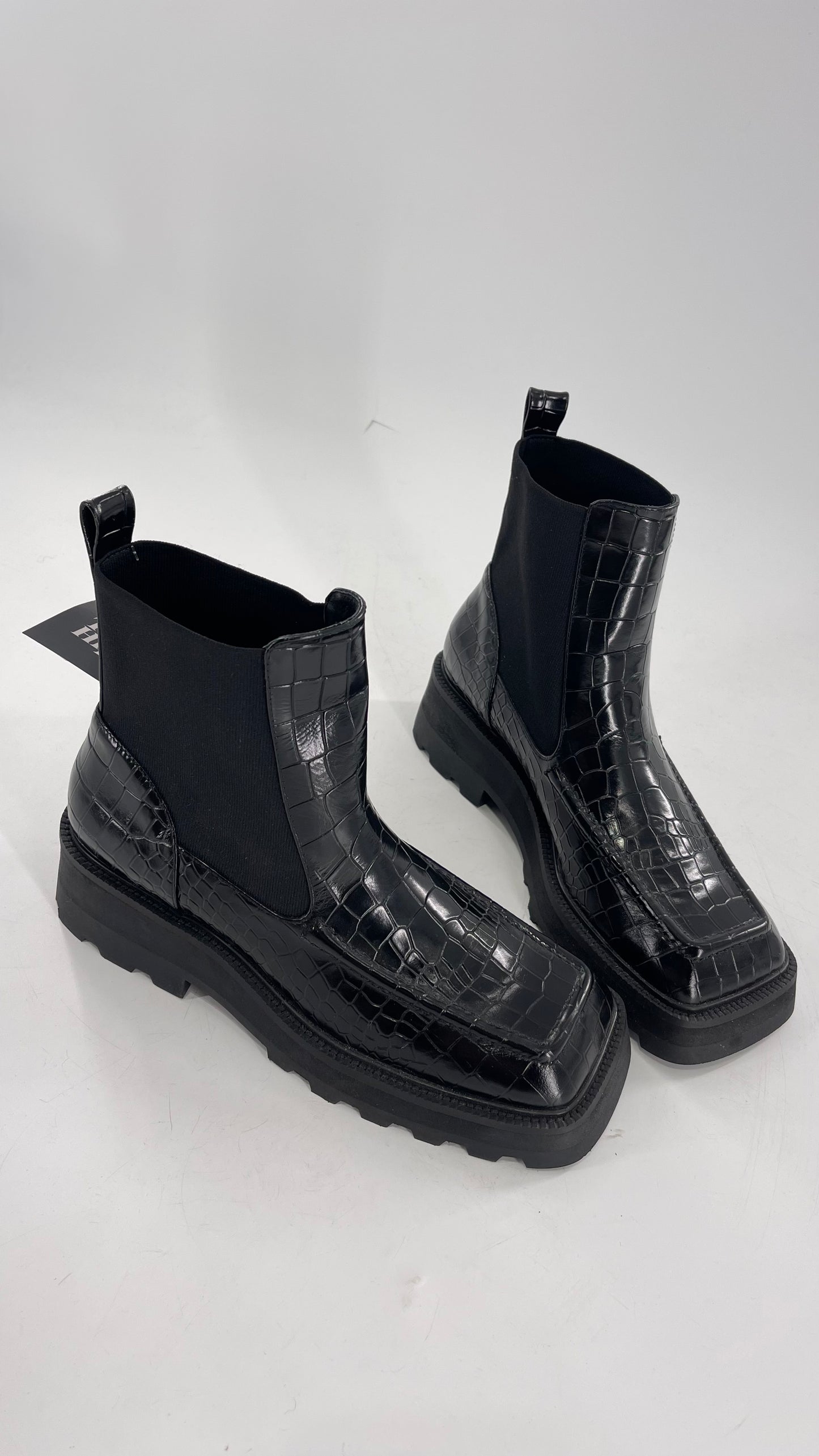 INTENTIONALLY Black Patent Crocodile Embossed Extreme Square Toe Boots (10)