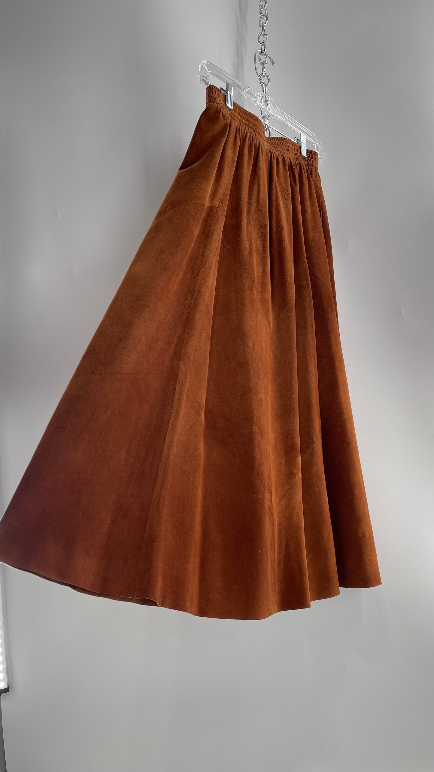 Vintage Brown Leather Suede Paneled Voluminous Skirt Assembled in Mexico (S)