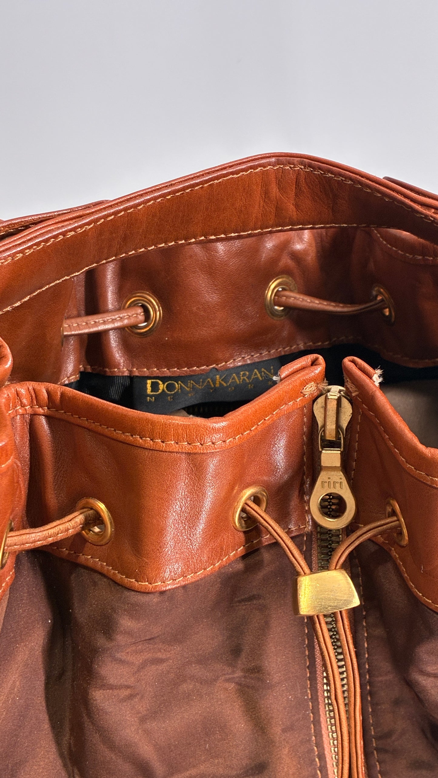 Vintage DONNA KARAN DKNY Oversized XL Brown Zip Front Bag with Leather Details