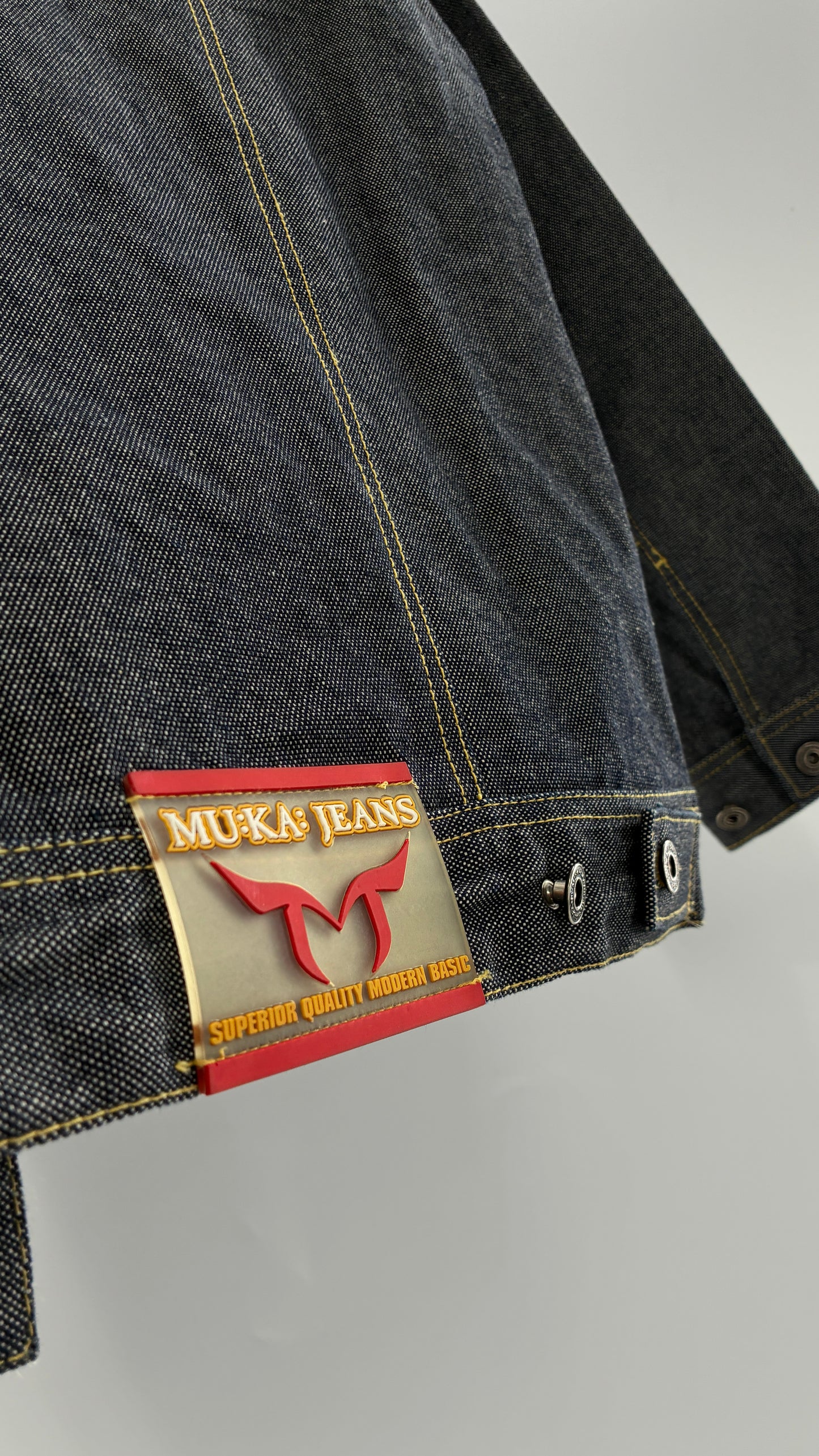 Vintage 1990s MU:KA: JEANS Men’s Dark Wash Japanese Style Denim Baggy Straight Legs and Oversized Jacket Set (L, 32x32)