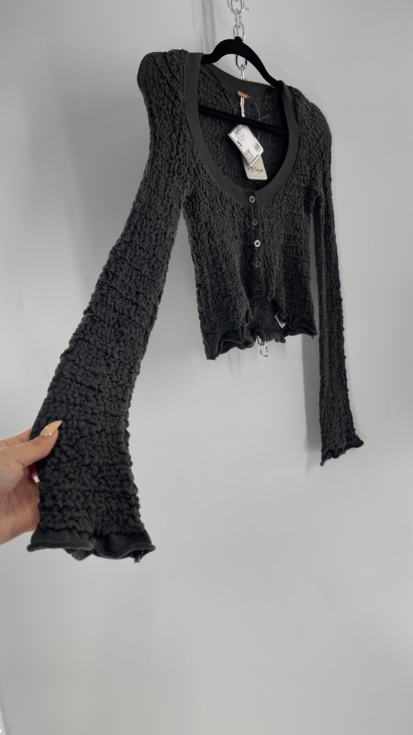 Free People Charcoal Grey Textured Stretchy Knit Button Front Cropped Long Sleeve with Tags Attached (XS)