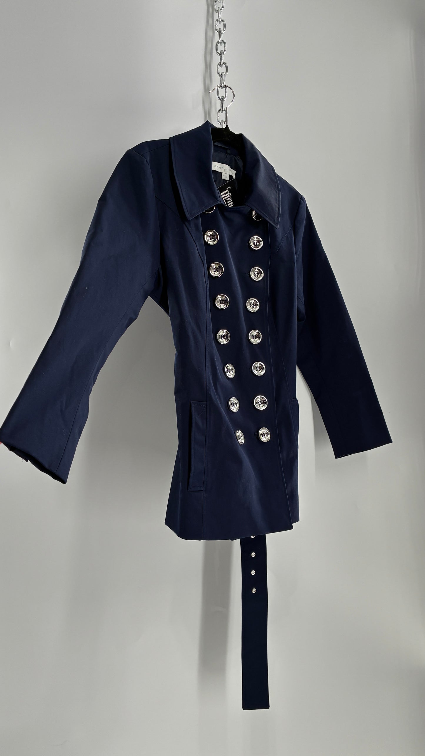 New York & Company Deep Navy Coat with Double Breasted Silver Buttons and Oversized Silver Buckle (Large)