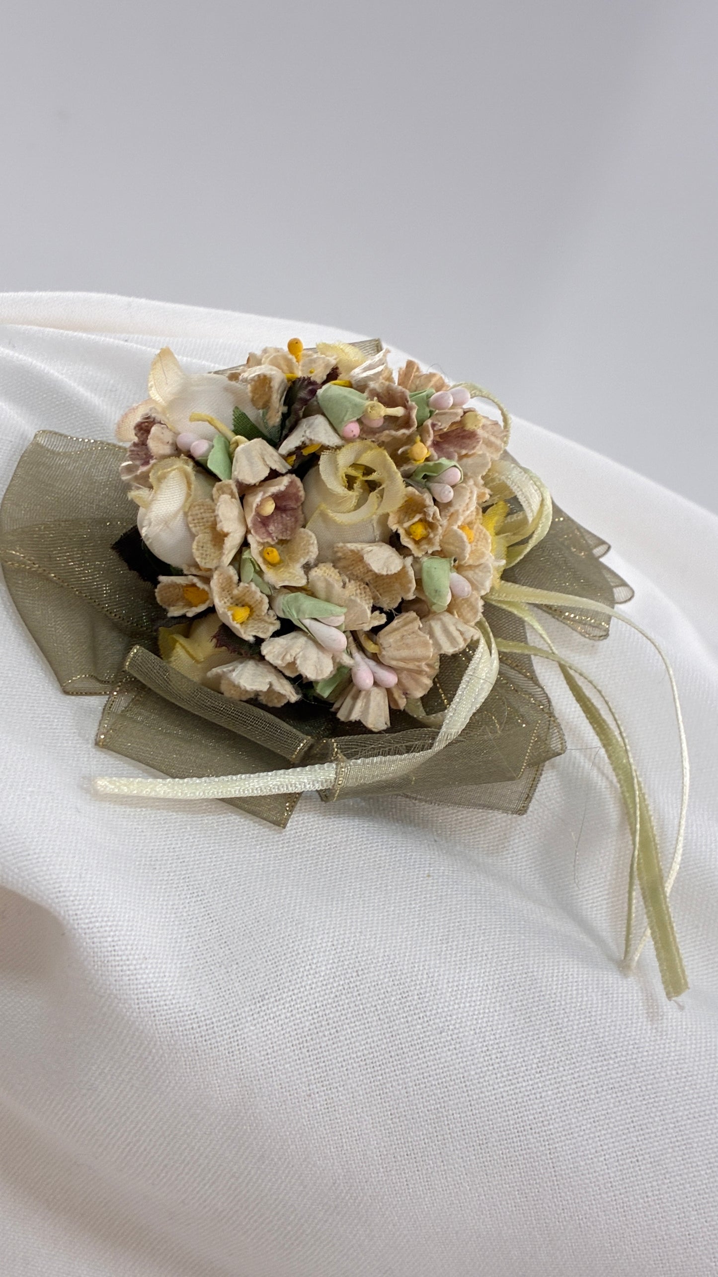 Vintage Brooch Pin with Ribbons and Handmade Fabric Flowers