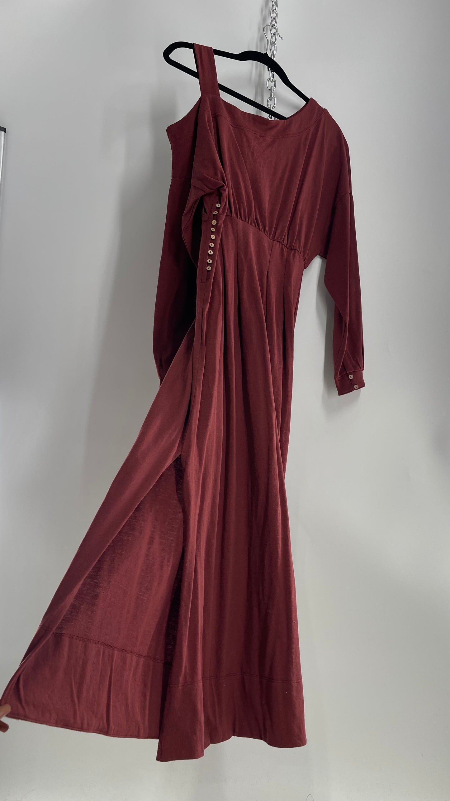 Free People Maroon Bubble Sleeve, Side Button, Off Shoulder Dress (Small)