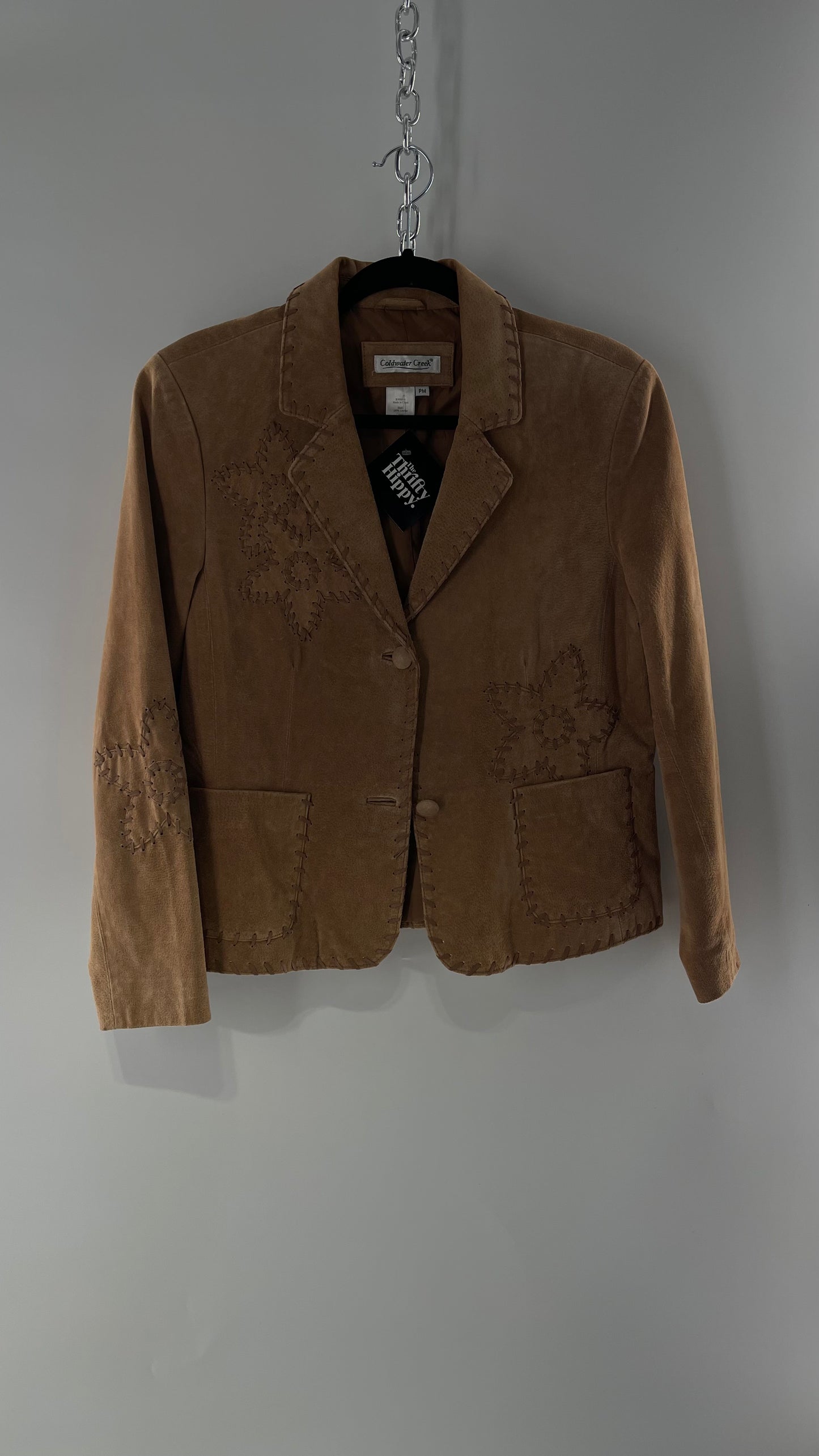 Vintage Rare Light Brown Genuine Suede Blazer with Embroidered Suede Flower and Contrasting Thick Leather Stitching (Medium)