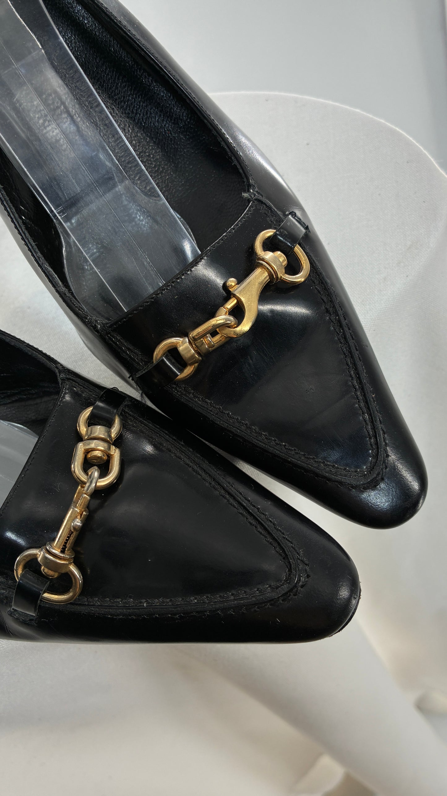 Vintage COACH Black Patent Leather Sling Back Kitten Heel with Brass Closure Detail (8.5)