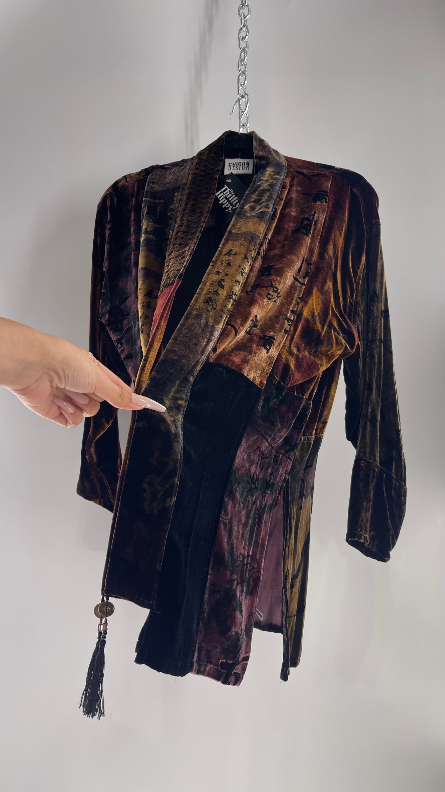 Vintage CHICOS Patchwork Burn Out Velvet Cardigan with Tassel Details