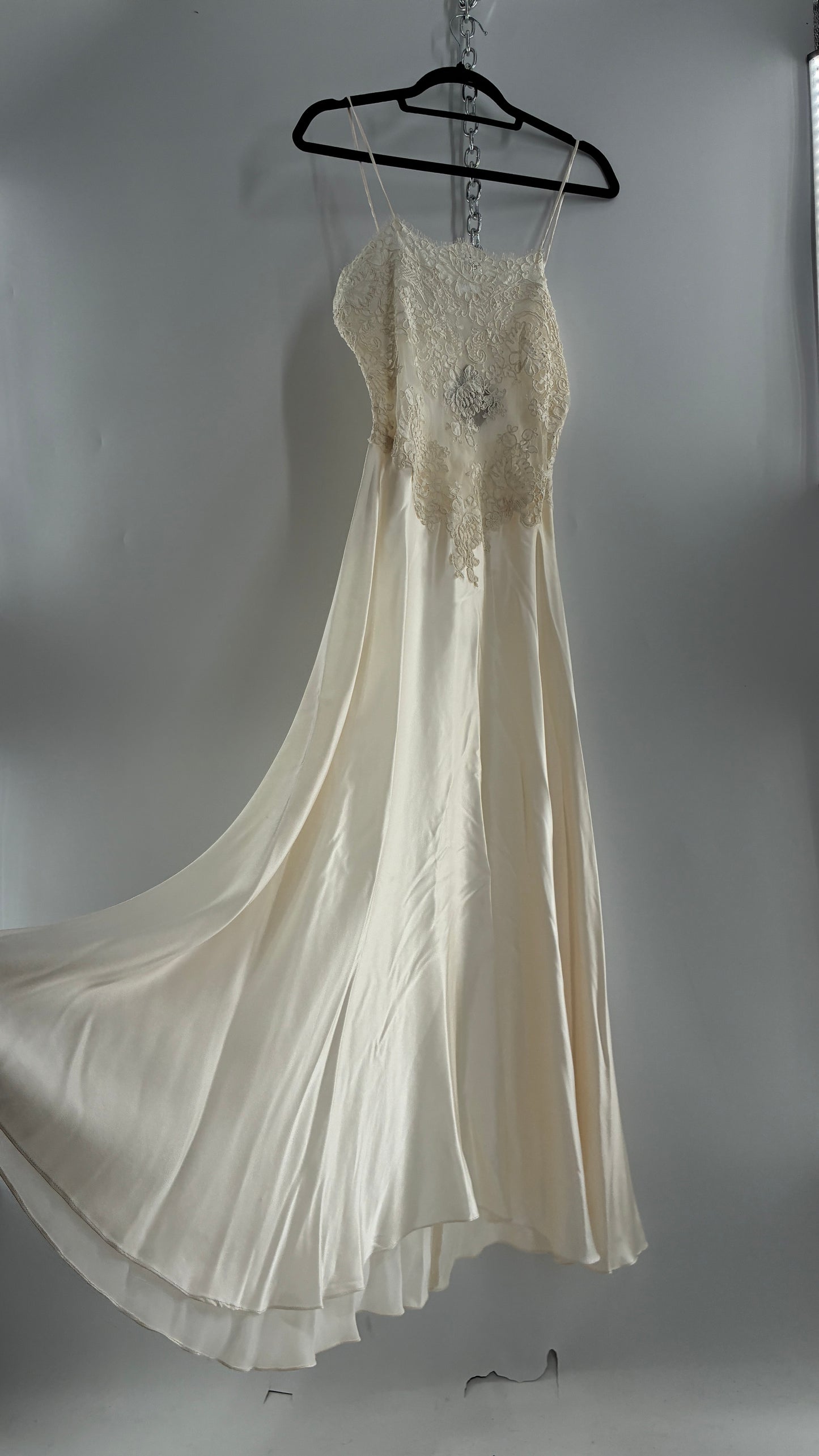 Vintage JONQUIL 100% Silk Gown with Heavy Lace Appliqués  and Low Cut Sheer Back (Medium)