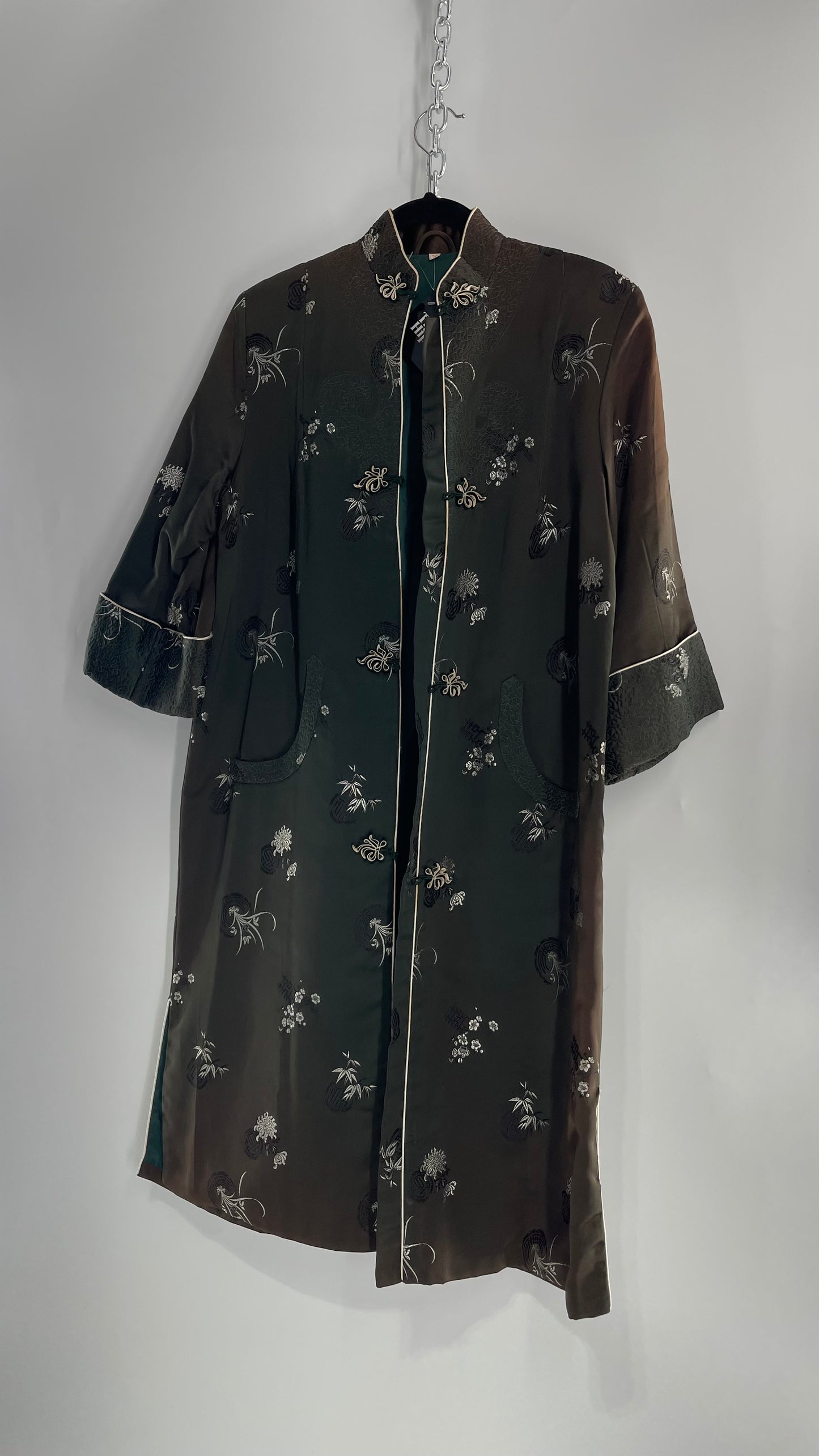 Vintage Hong Kong, Hand Made, Dark Green Silk Kimono Coat/Smoking Jacket (38)