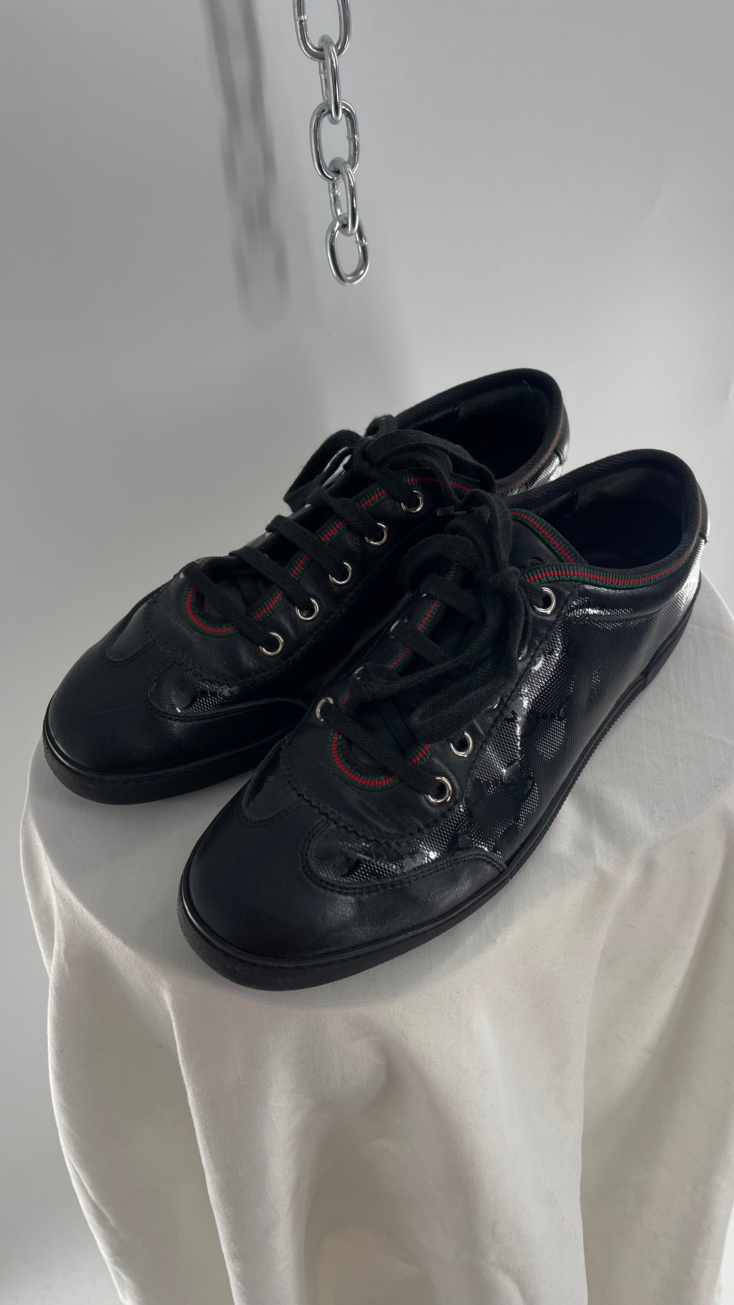 Vintage GUCCI Worn Black Leather Monogram Low Top Sneakers with Red/Green Iconic Trim (37)