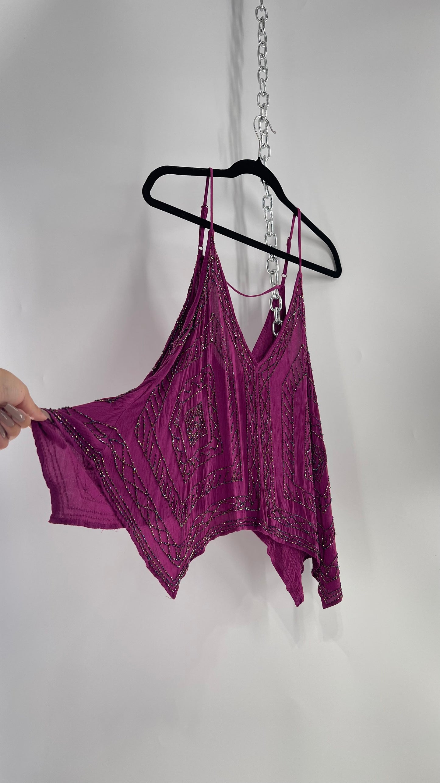 Free People Purple Beaded Handkerchief Hem Tank (Small)