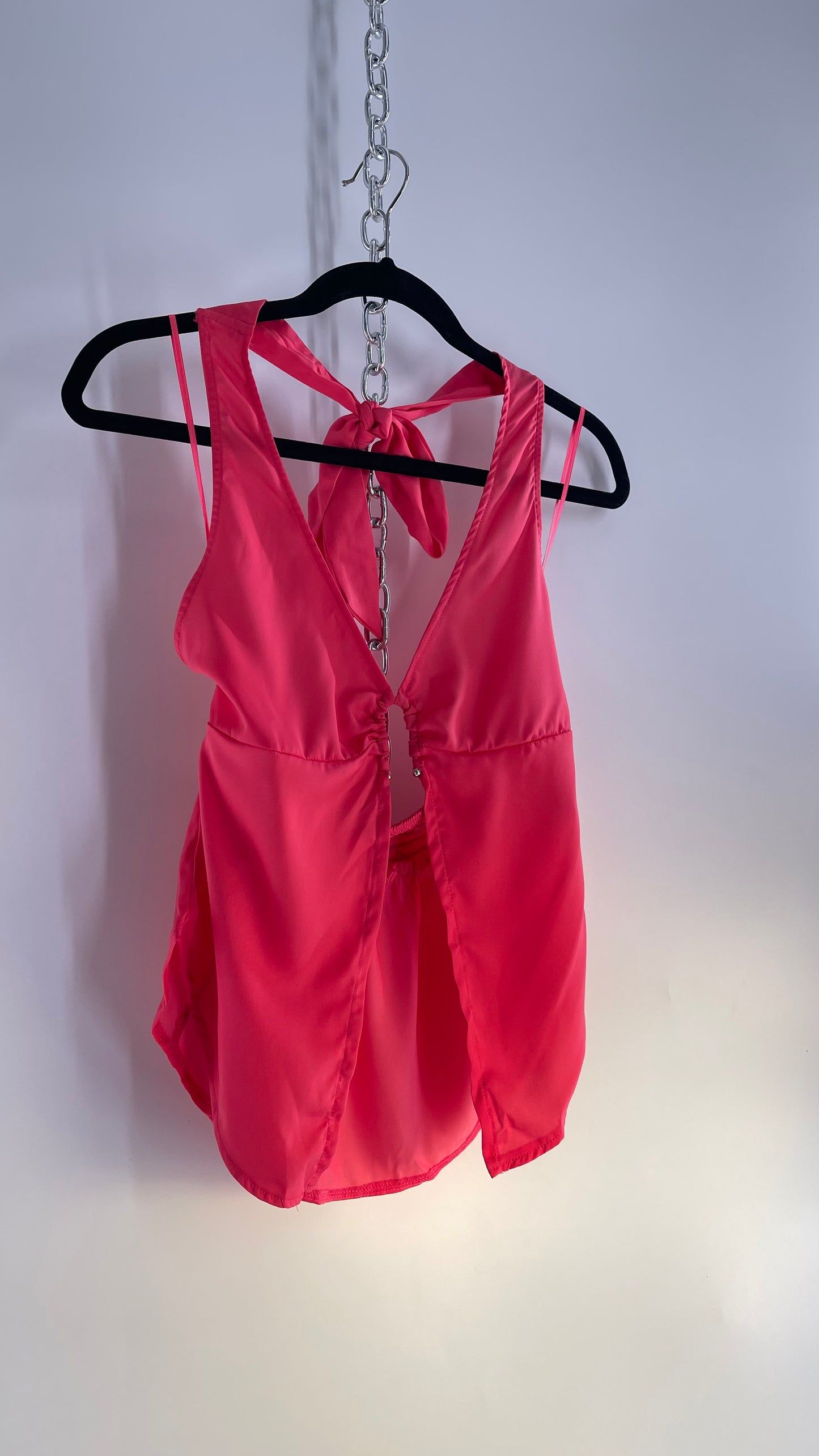 Free People Hot Pink Silky Vented Halter with Silver Metal Bust Detail (Small)