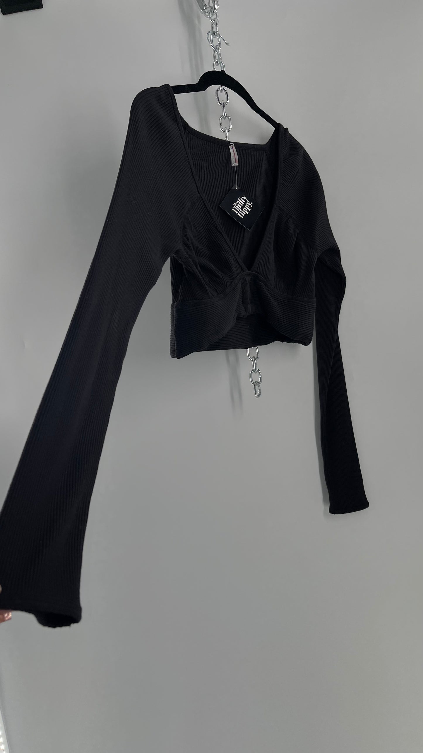 Free People Movement Black Ribbed Cropped Long Sleeve with Ruched Bust and Embroidered Symbol (Small)