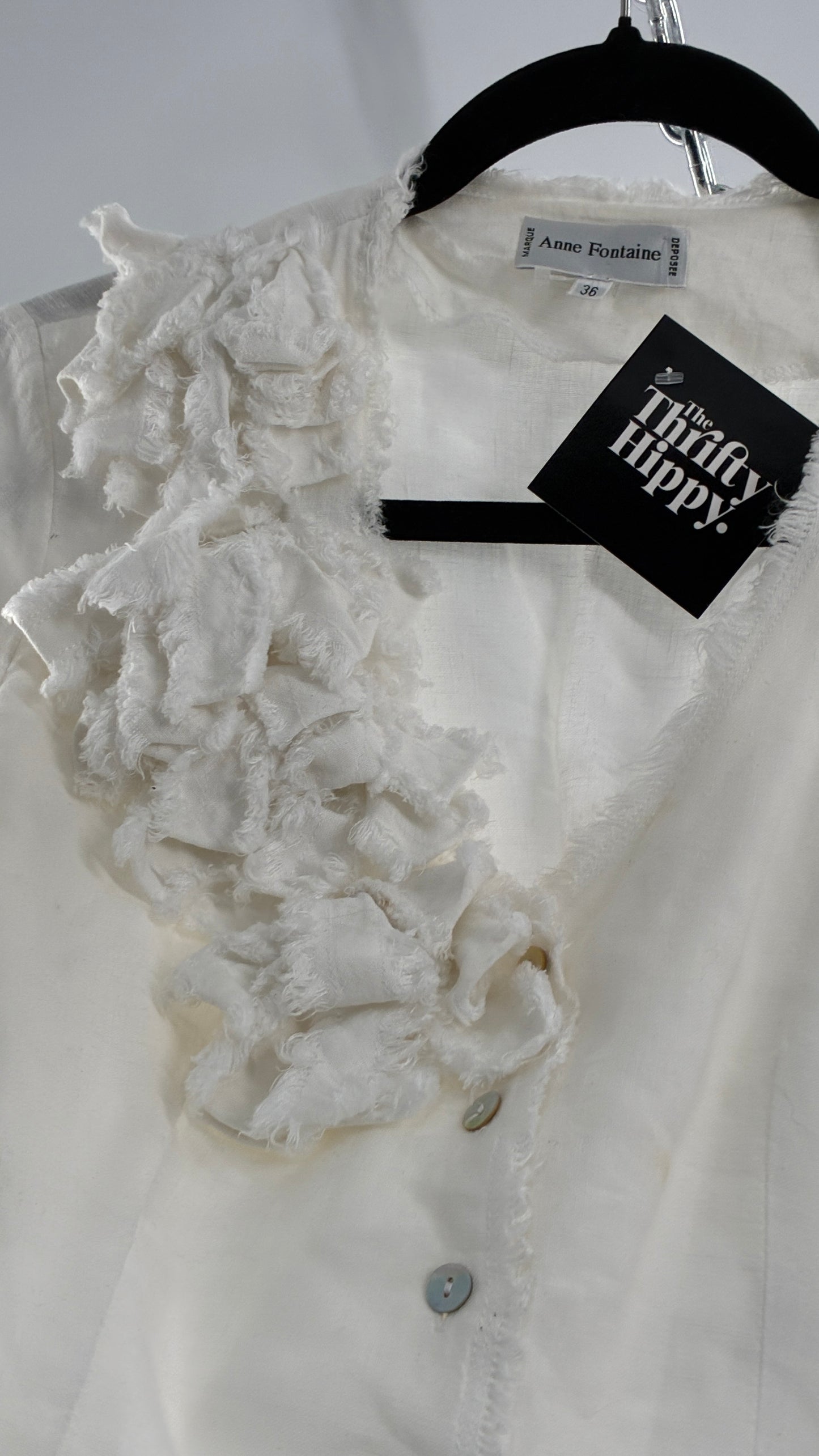 Vintage ANNE FONTAINE Off White Linen Woven Button Up Blouse with Back Corseting, Pearlescent Shell Buttons, and Rosette Details (36)