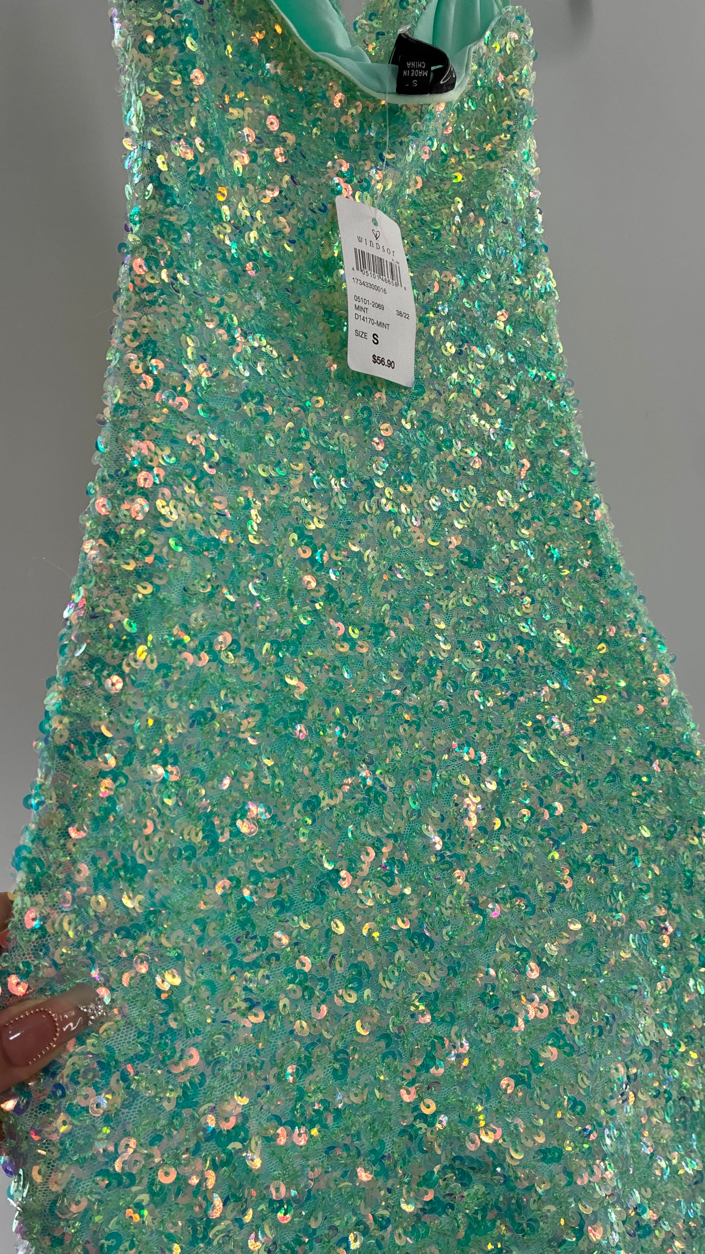 WINDSOR Aqua Blue Sequin Mini Dress with Draping Bustline and Tags (Small)