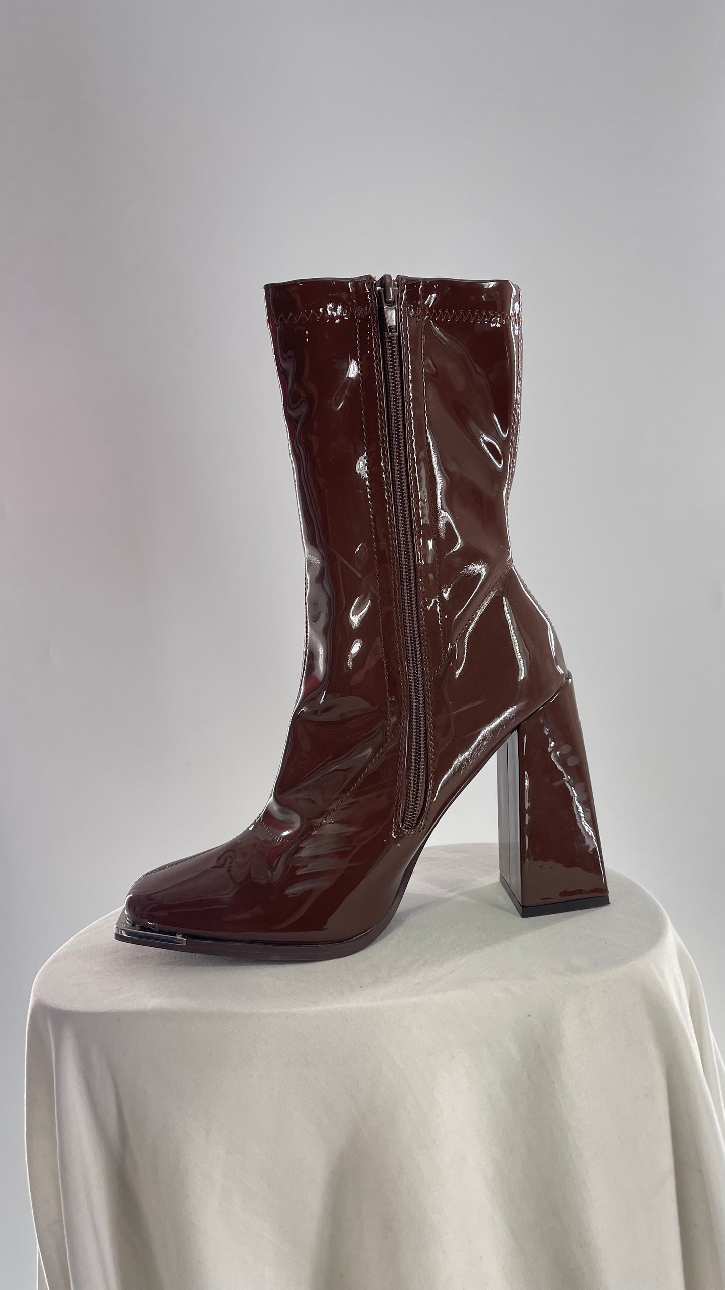 Square Toe Brown Vinyl Boot with Angled Block Heel (8)