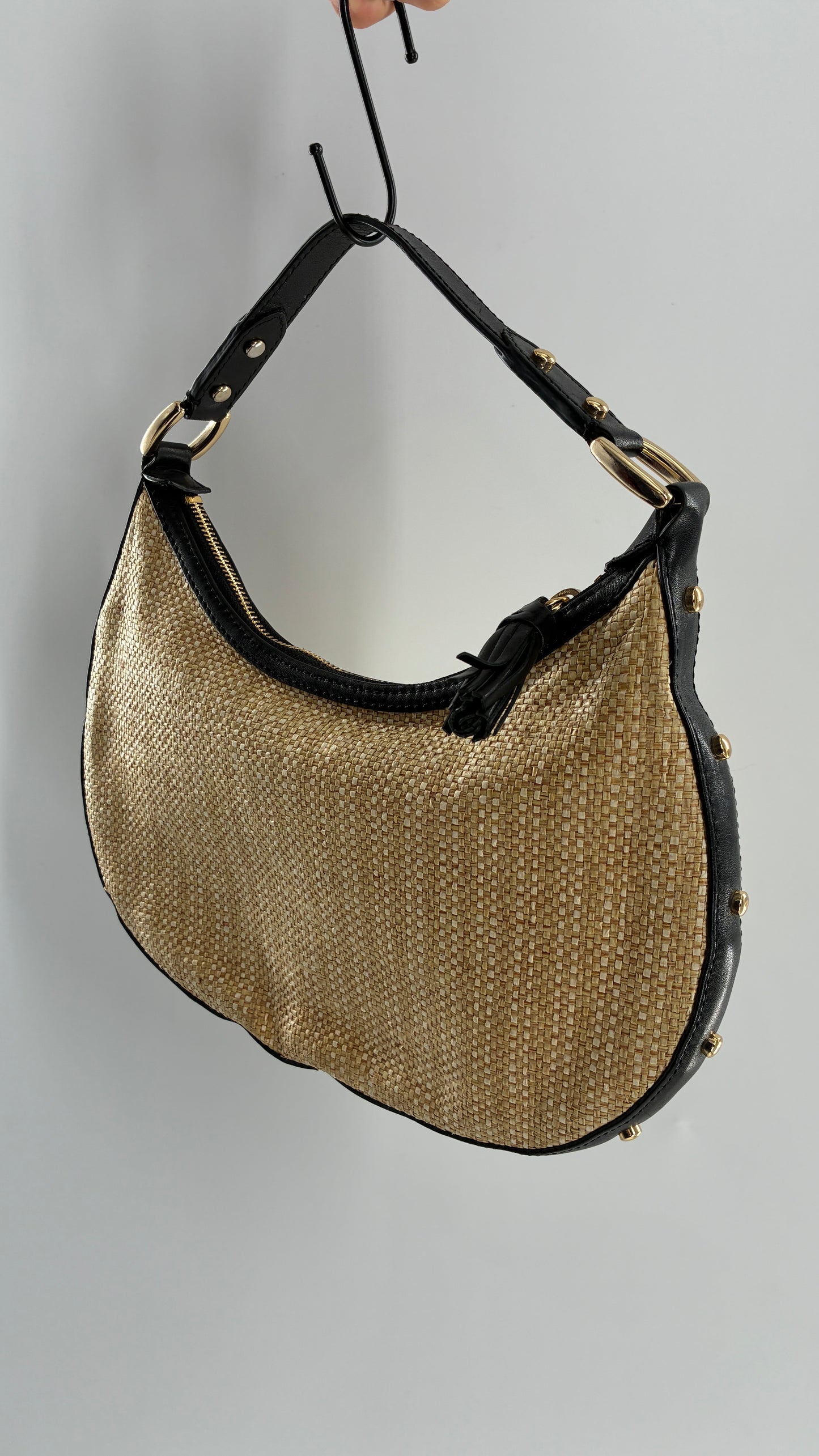 Vintage COLE HAAN Straw Shoulder Purse with Black Leather, Gold Studded Trim