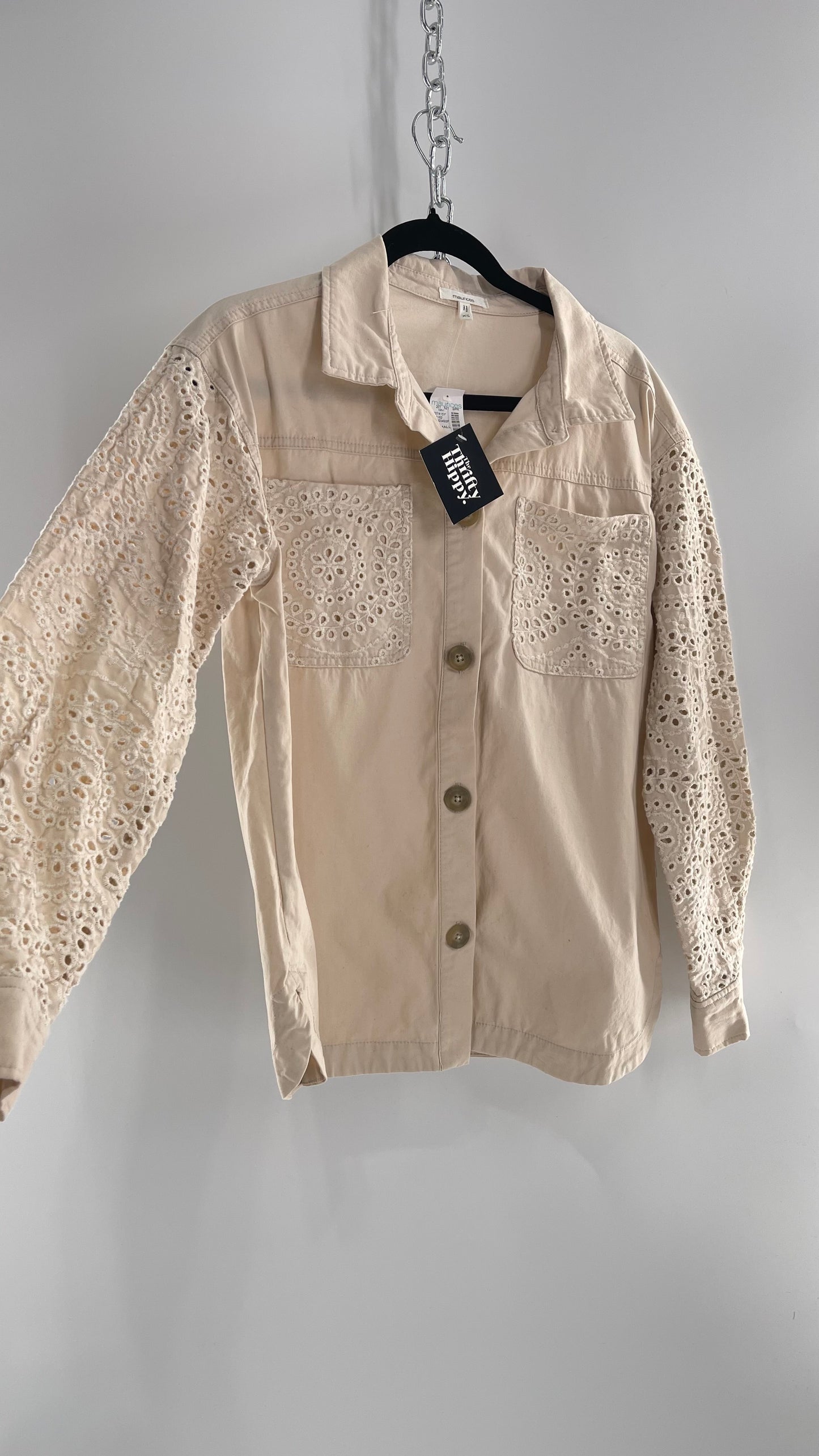 Maurices Anthropologie Beige Cotton Button Up with Eyelet Lace Sleeves and Pockets with Tags Attached  (XS)