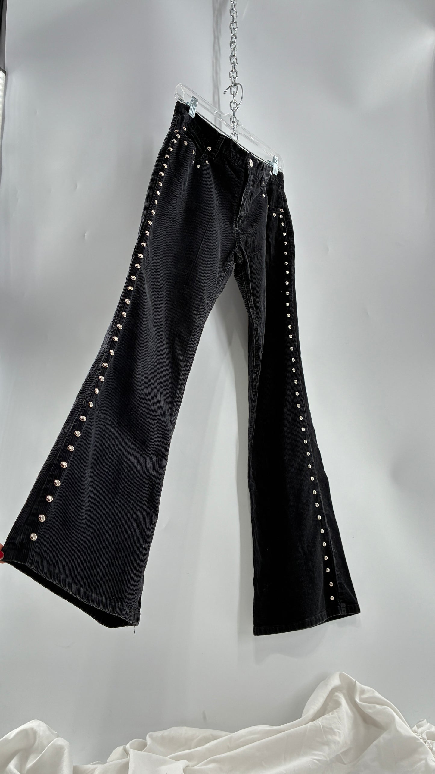 Vintage THE BLUES Grey Corduroy Side Studded Kick Flares (8)