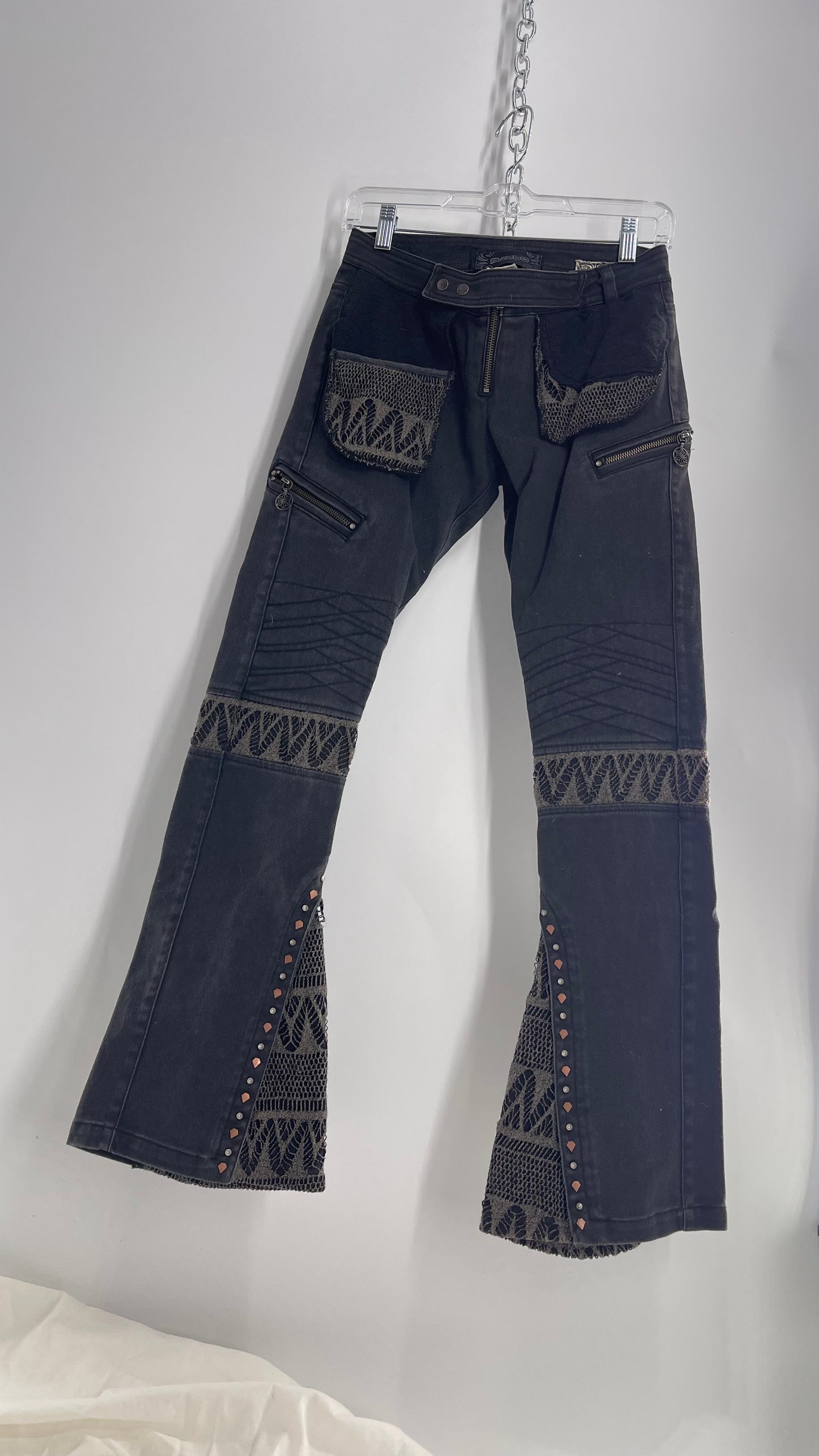 Vintage Rare PSYLO 1990s Low Rise Kick Flare Jeans with Studs, Lace and Hardware (38)