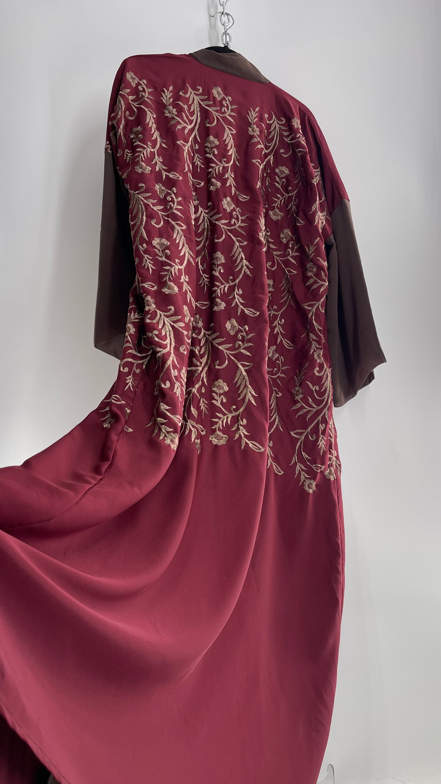 Vintage Embroidered Burgundy Sweeping Duster Coat/Cape with Tan Embroidery