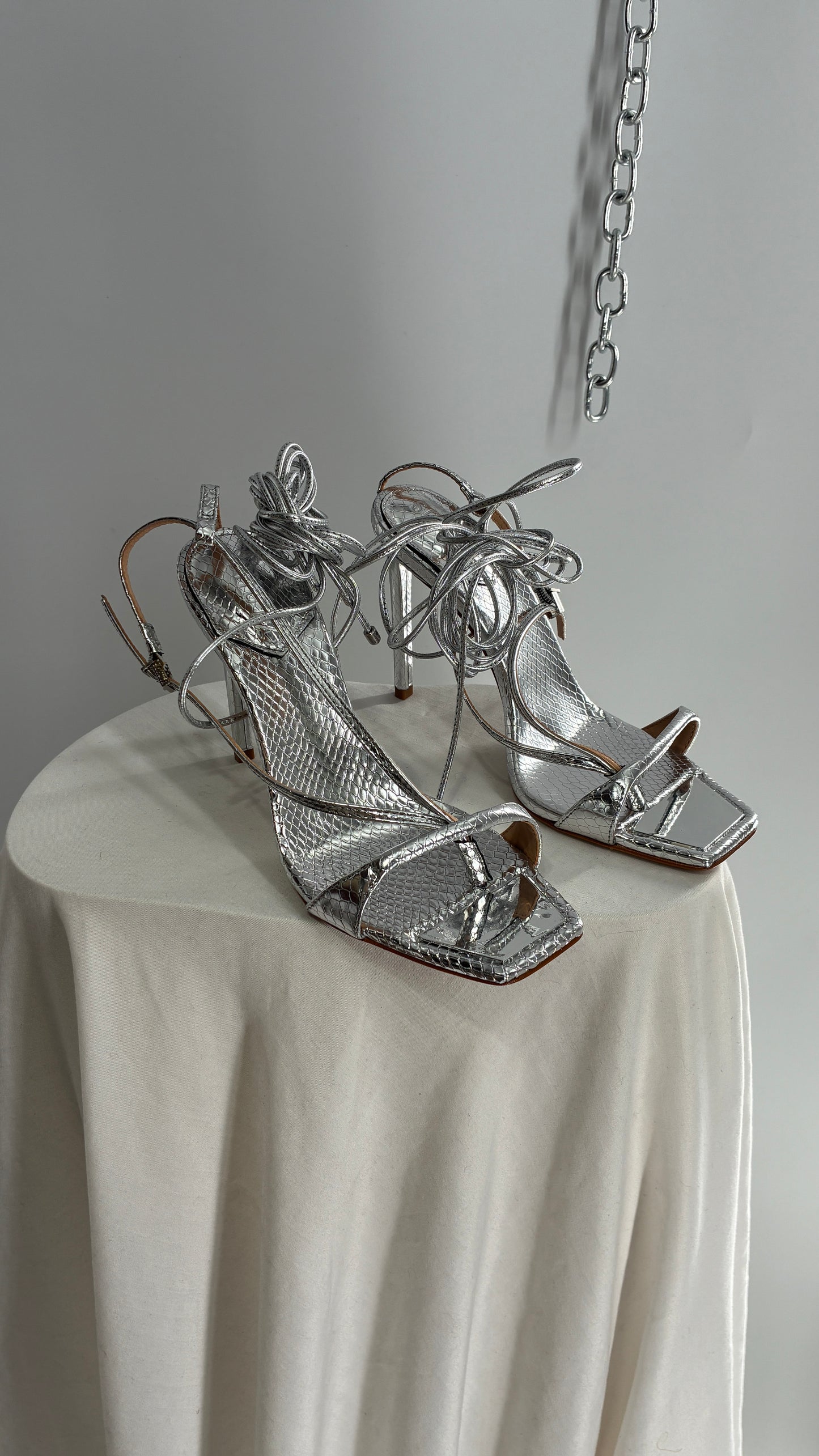 SCHÜTZ Silver Angular Tie Up Heels with Mirror Toe Detail (7)